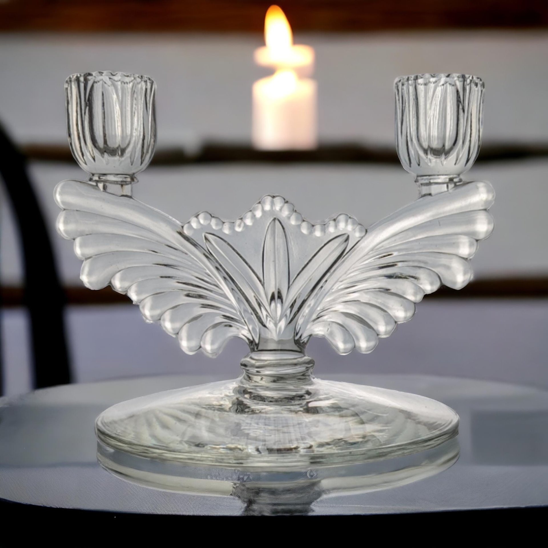 Vintage Tiffin Franciscan Double Light Candlestick, Clear Glass, 5.75 Inches - Elegant Home Decor
