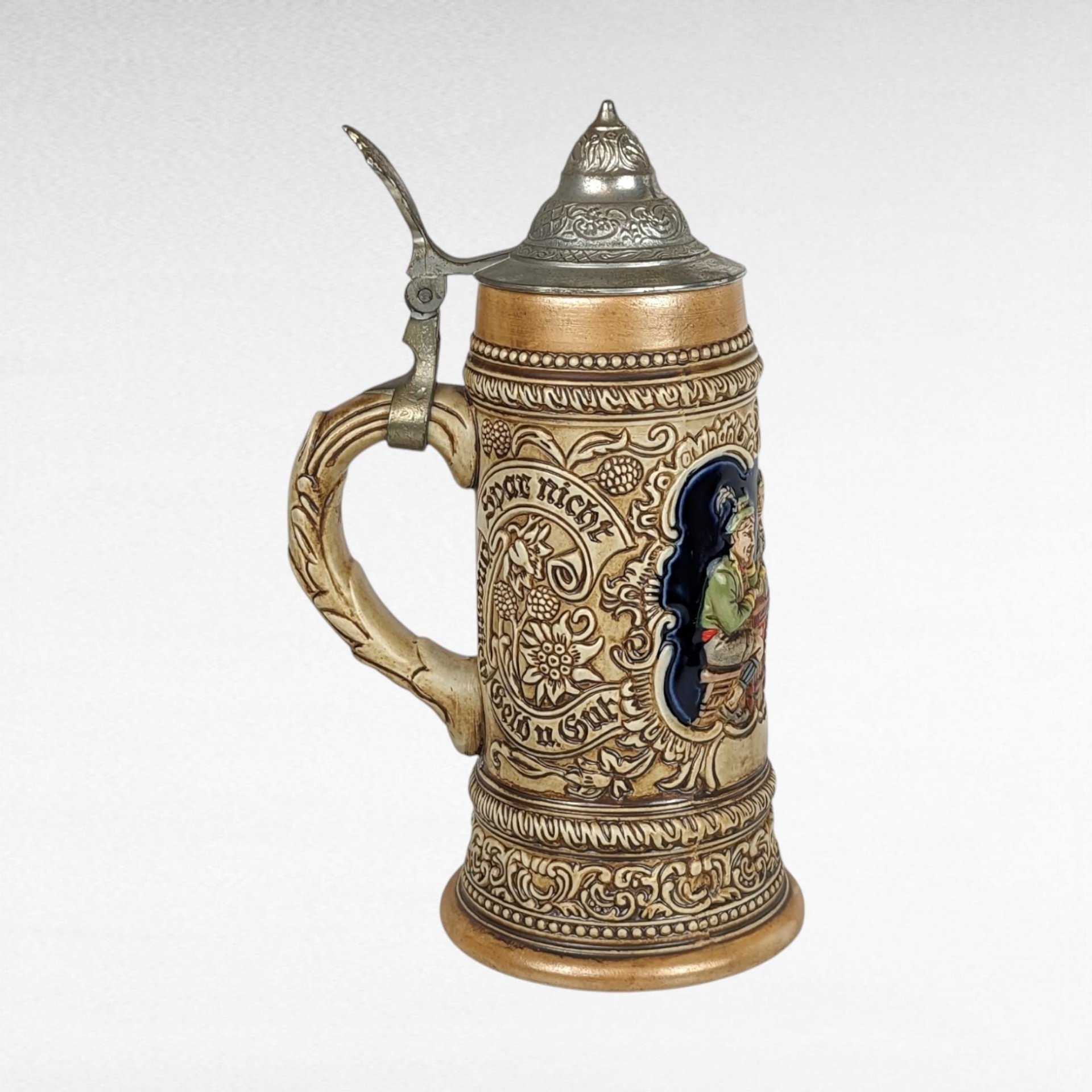 Vintage Ceramarte Brazil Lidded Ceramic Stein, Tavern Scene, 10 Inches - Collectible