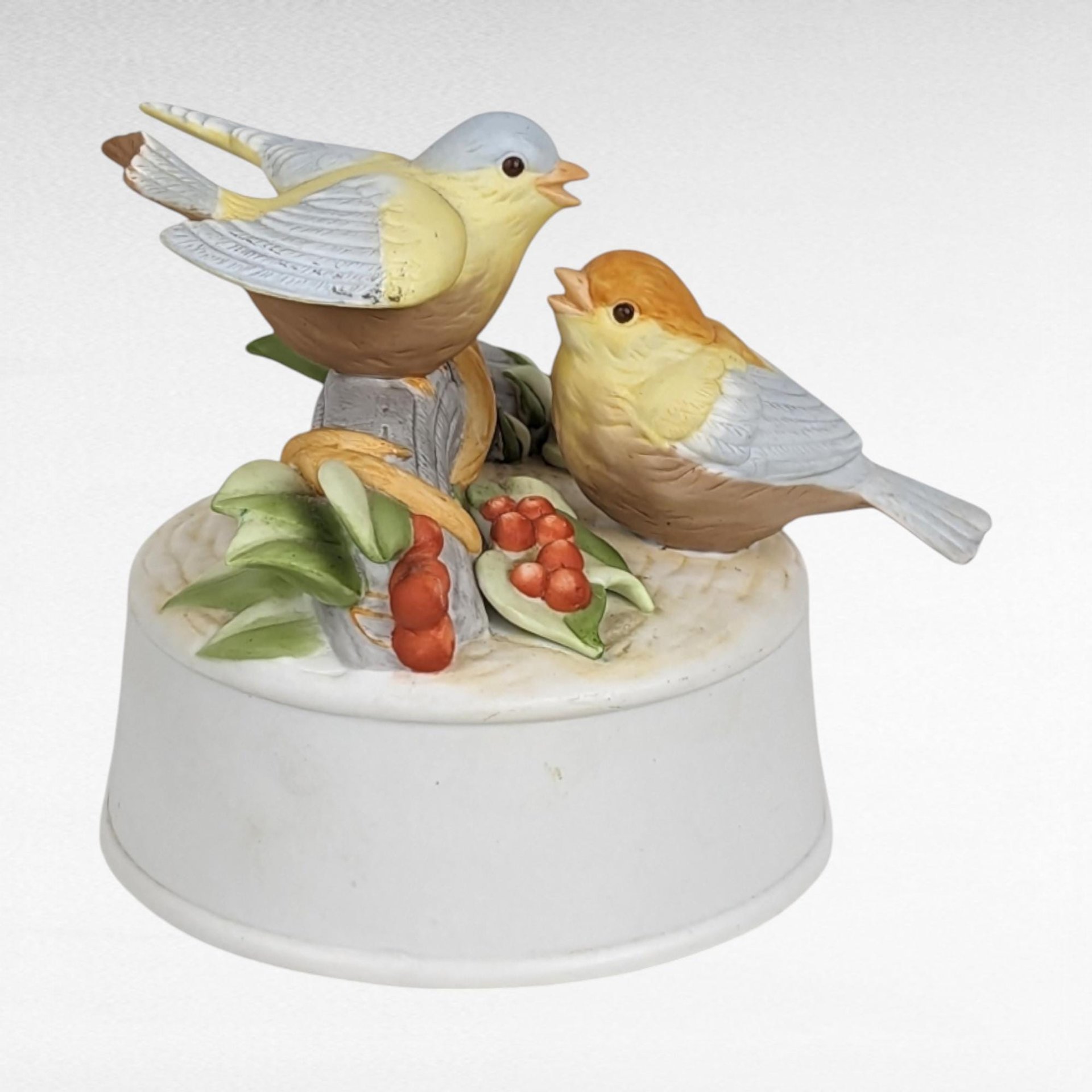 Vintage Spring Music Boxes & Bluebird Figurine | Porcelain Girl with Cat, Bisque Birds, Ceramic Bluebird | Decorative Collectibles