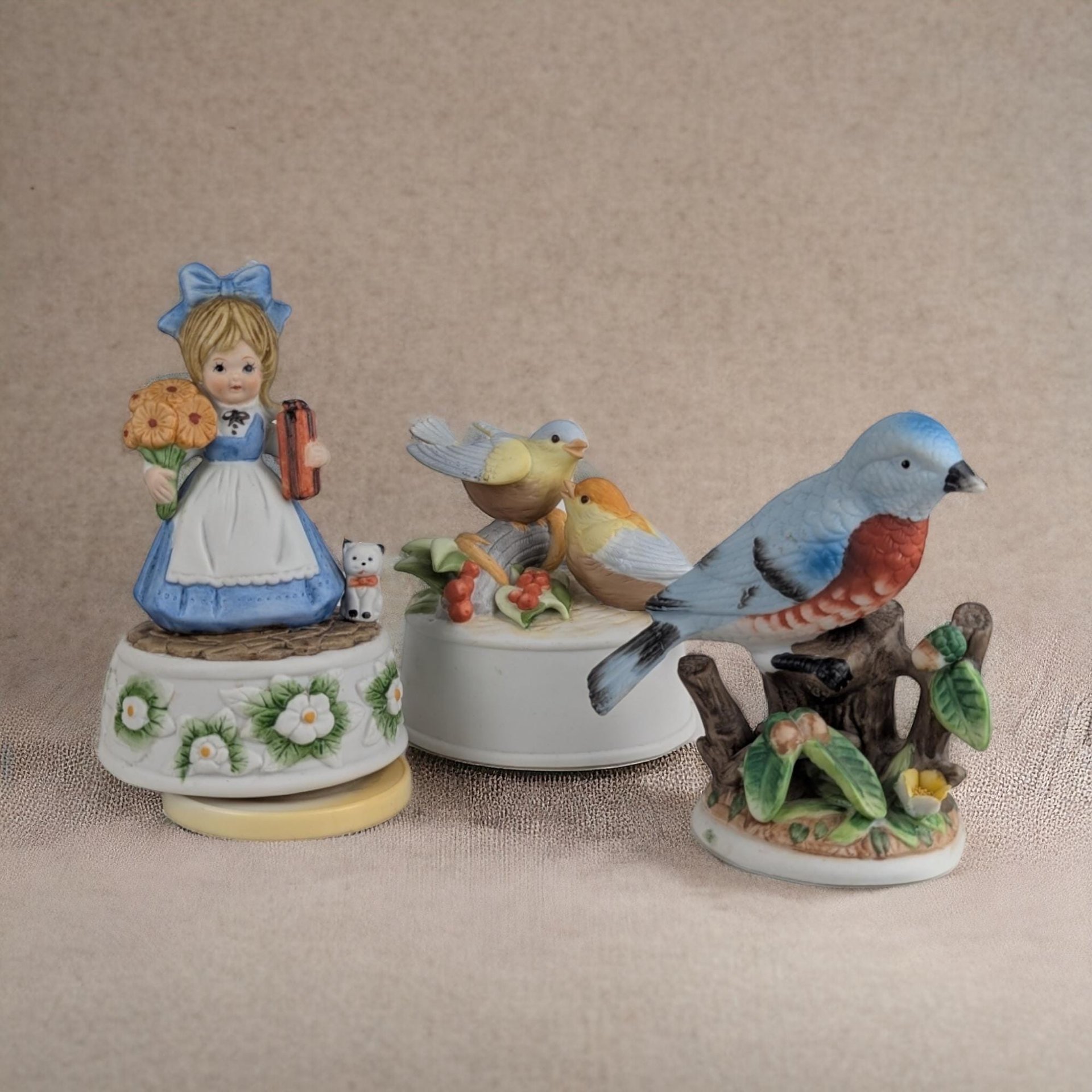 Vintage Spring Music Boxes & Bluebird Figurine | Porcelain Girl with Cat, Bisque Birds, Ceramic Bluebird | Decorative Collectibles