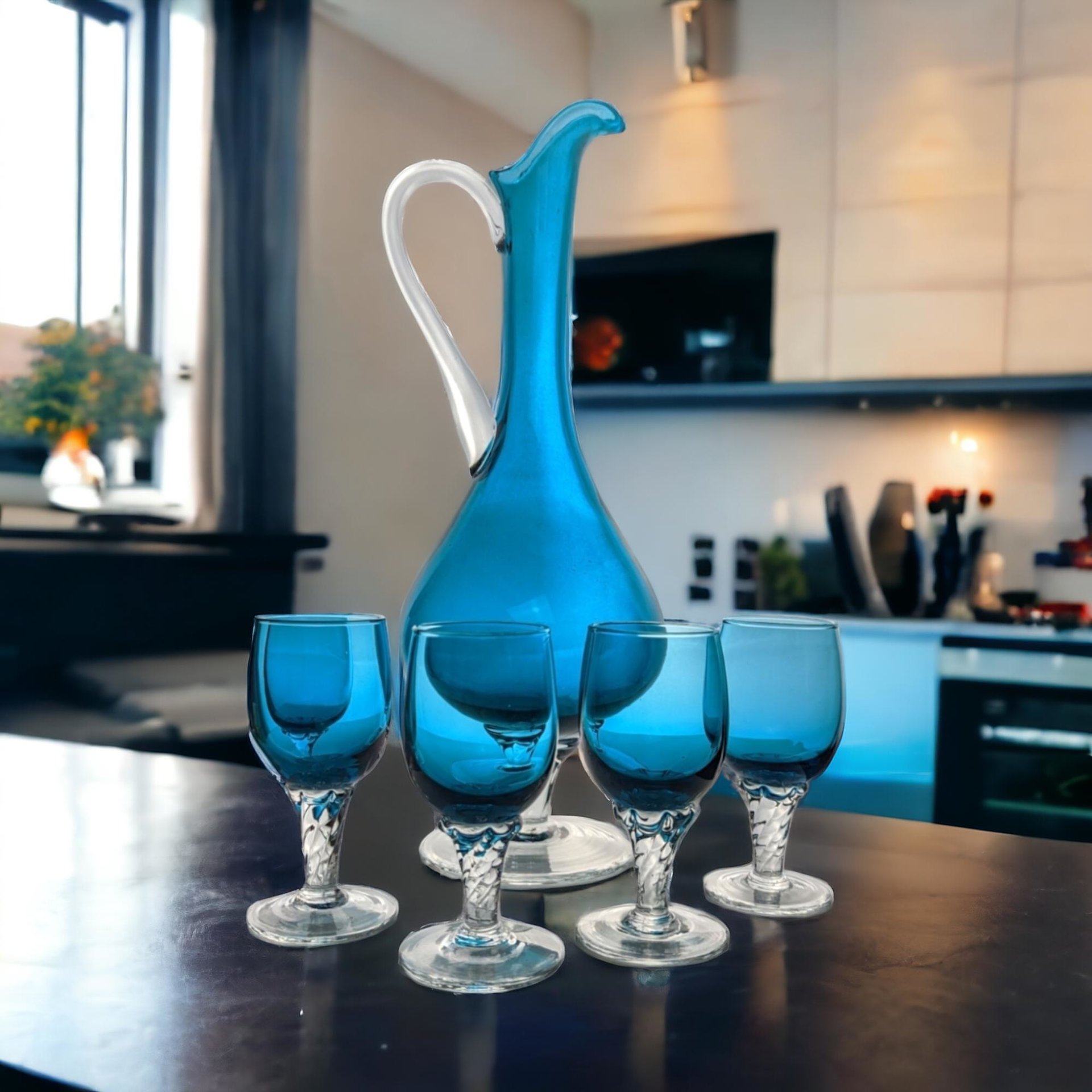 Vintage Blue Art Glass Decanter Set, 4 Cordial Glasses, 12 Inches Tall, Mid-Century Modern Barware, Cobalt Blue Glassware