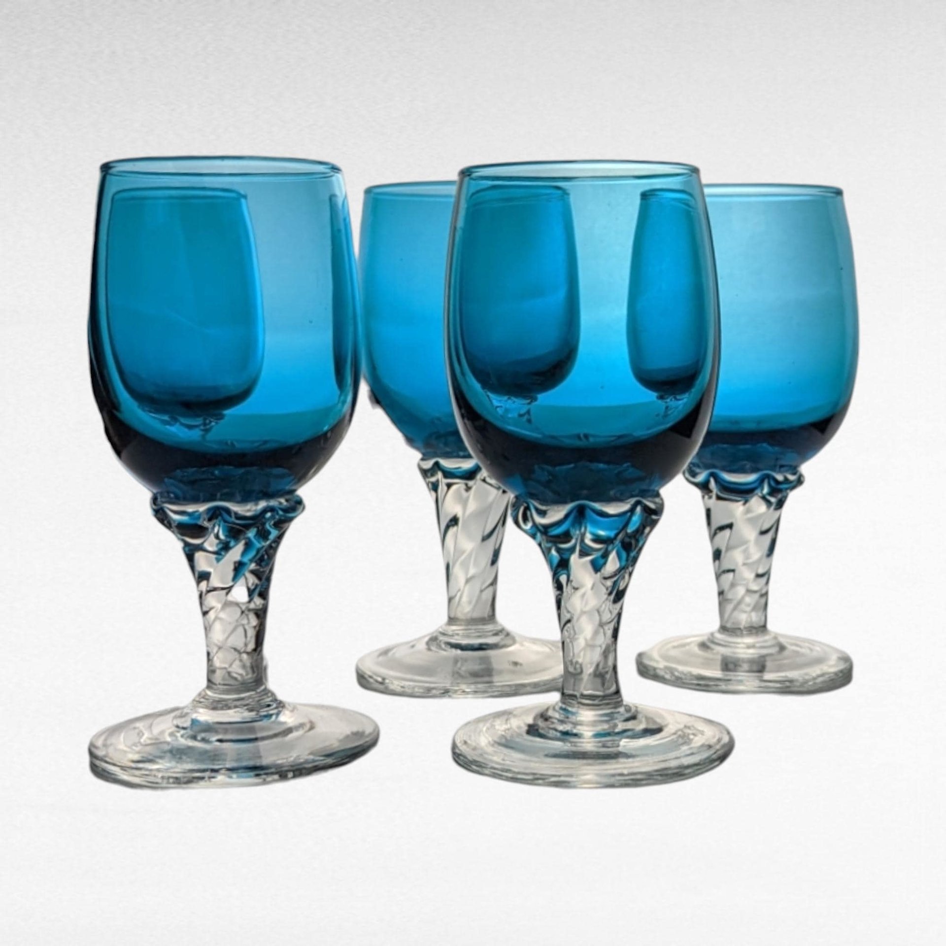 Vintage Blue Art Glass Decanter Set, 4 Cordial Glasses, 12 Inches Tall, Mid-Century Modern Barware, Cobalt Blue Glassware