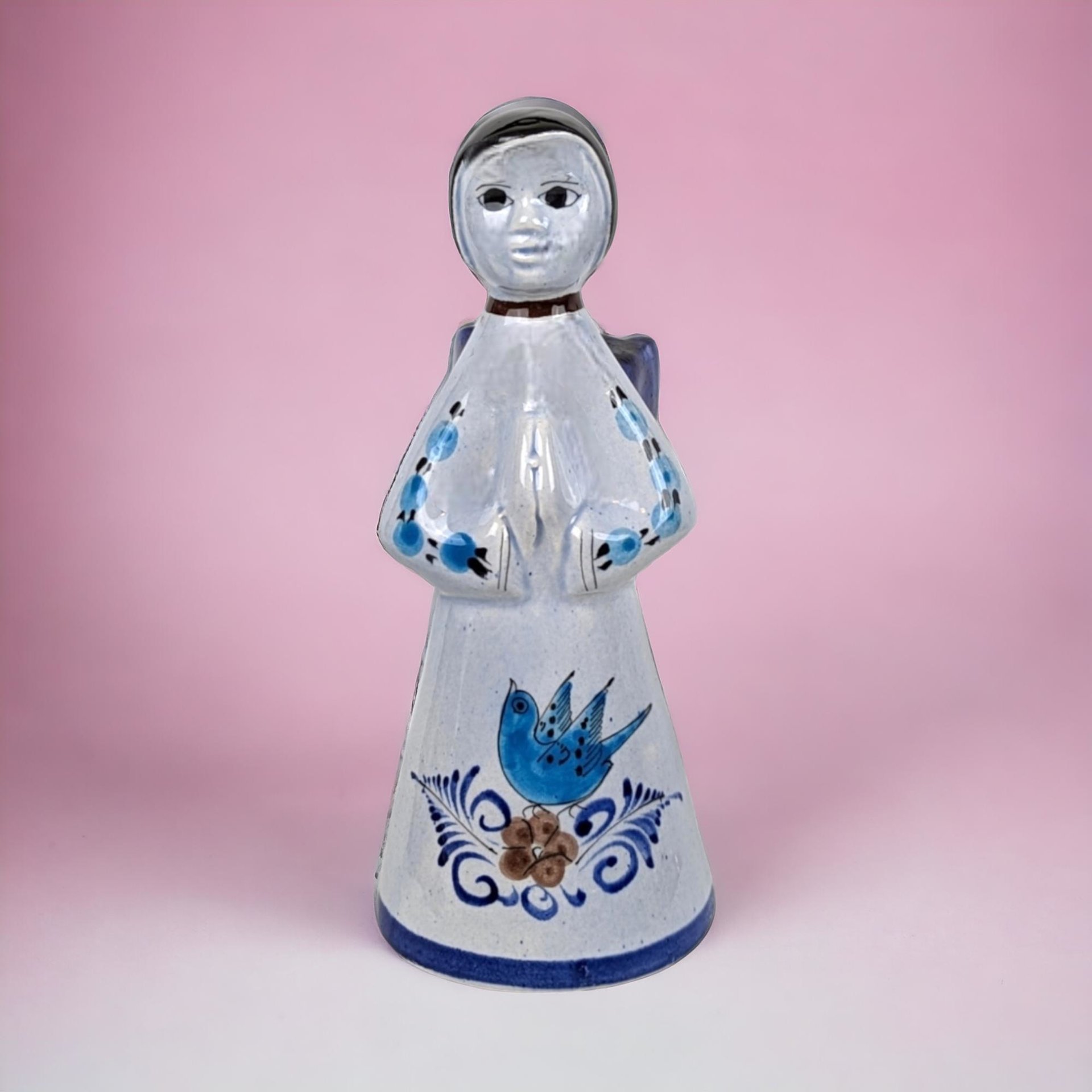 Vintage Mexican Pottery Angel Figurine | Praying Angel with Bluebird | Folk Art Sculpture | Southwestern Decor | Ceramic Angel