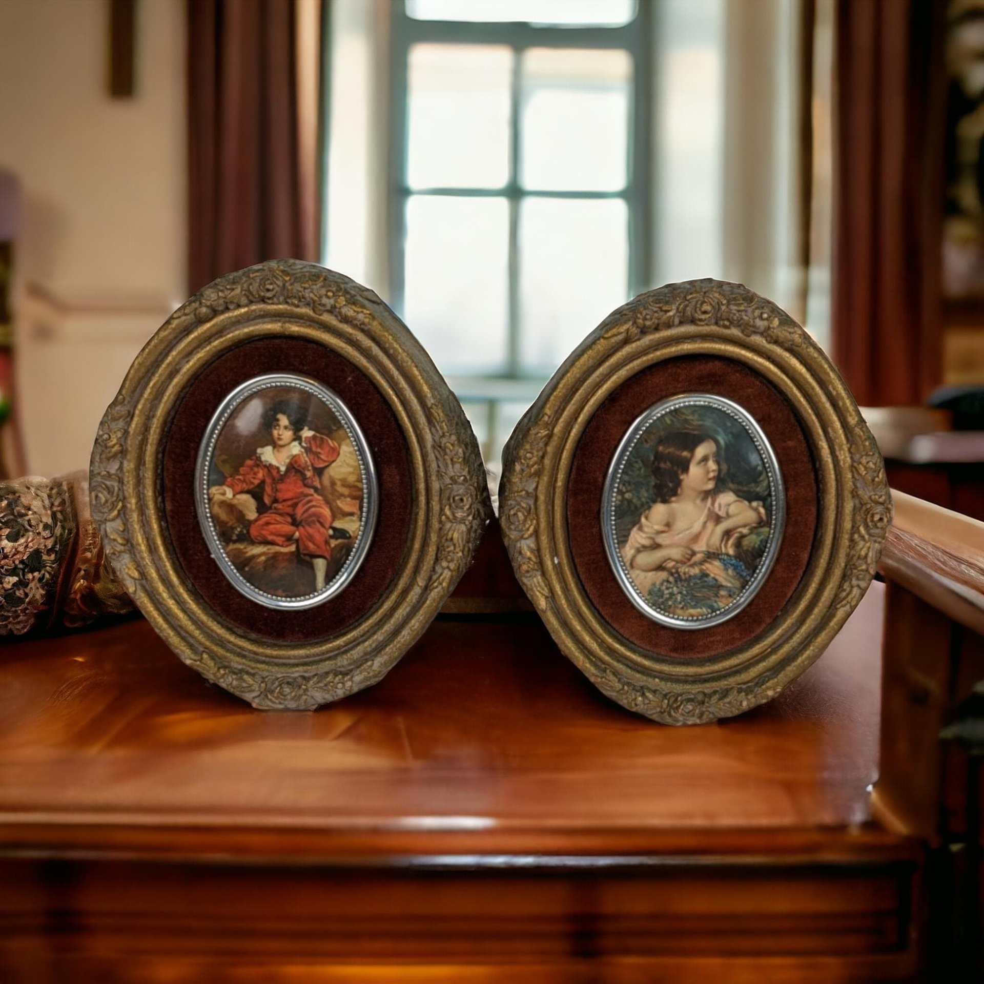 Vintage Cameo Creations Wall Decor | Sir Thomas Lawrence | John Thomas Peele | "Red Boy" & "Spring Flowers" | Oval Prints | 5.75 Inch