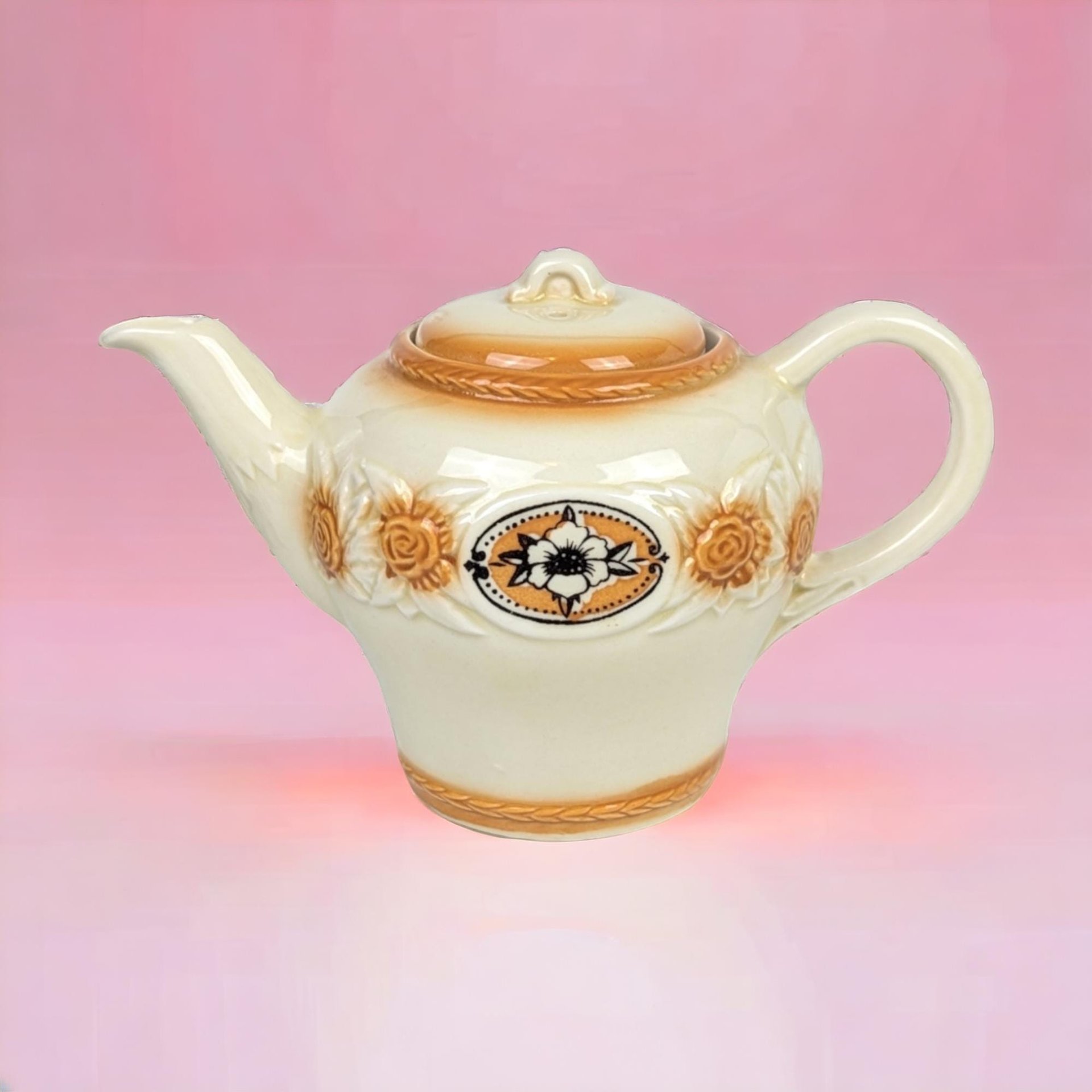 Vintage Porcelier Teapot | Brown Medallion & Sunflower Design | Cream Ceramic with Orange Accents |  Collectible Teapot