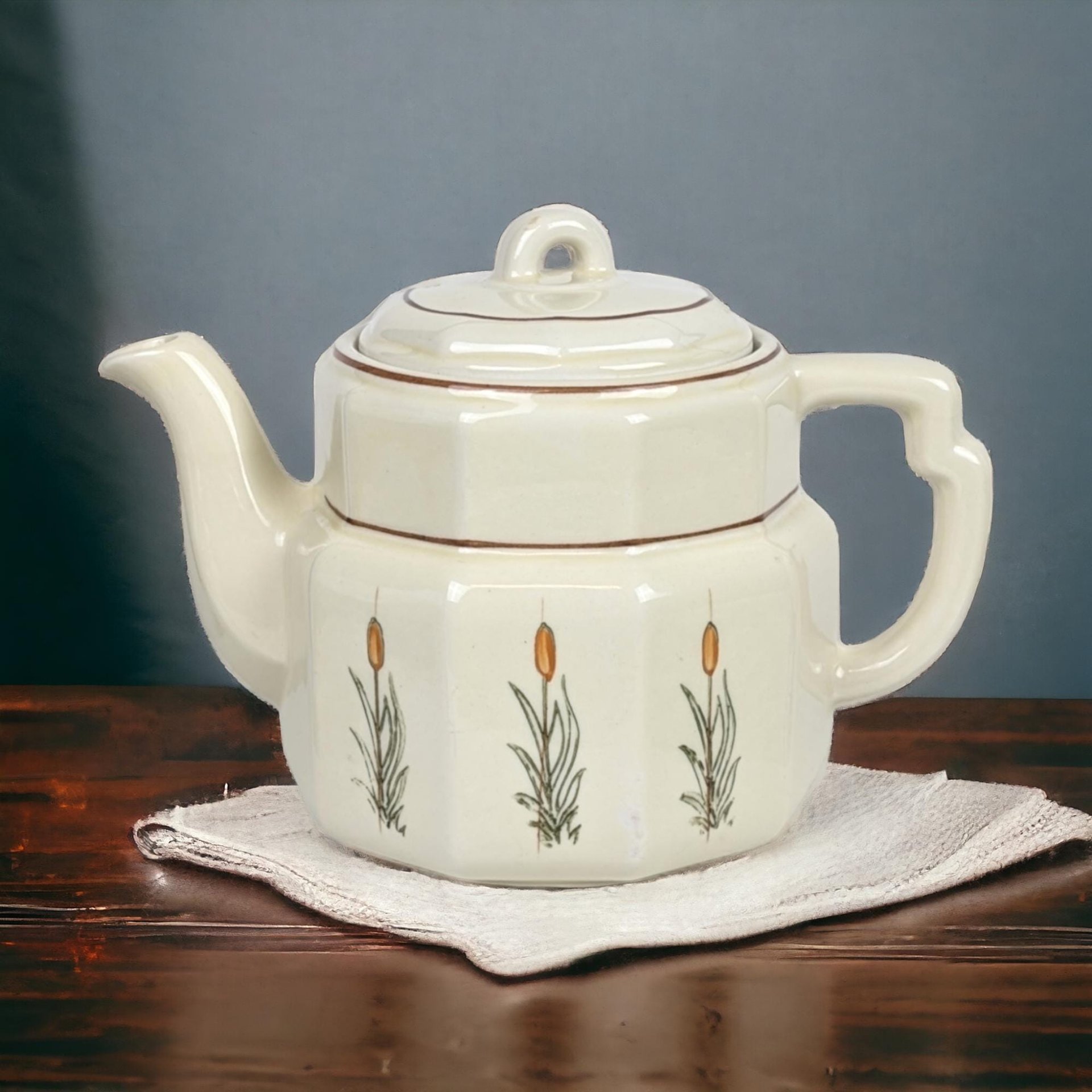 Vintage Porcelier Teapot | Wheat Pattern | Cream Ceramic Teapot with Lid | Art Deco Style | Collectible Teapot | Gift for Tea Lovers