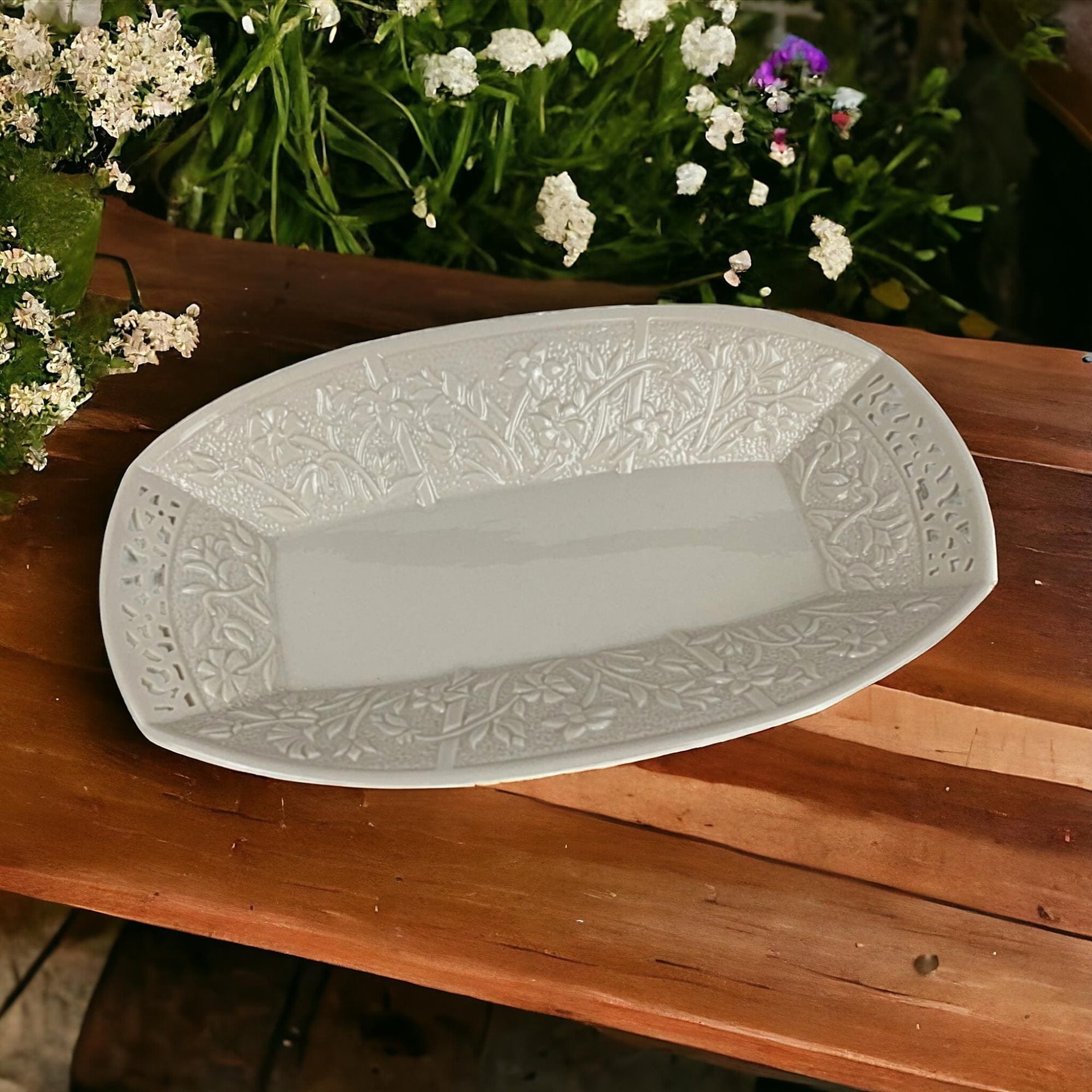 Lenox Jasmine Serving Tray | Large Oblong Platter | Cream Ceramic with Reticulated Design | Vintage Servingware | Home Decor