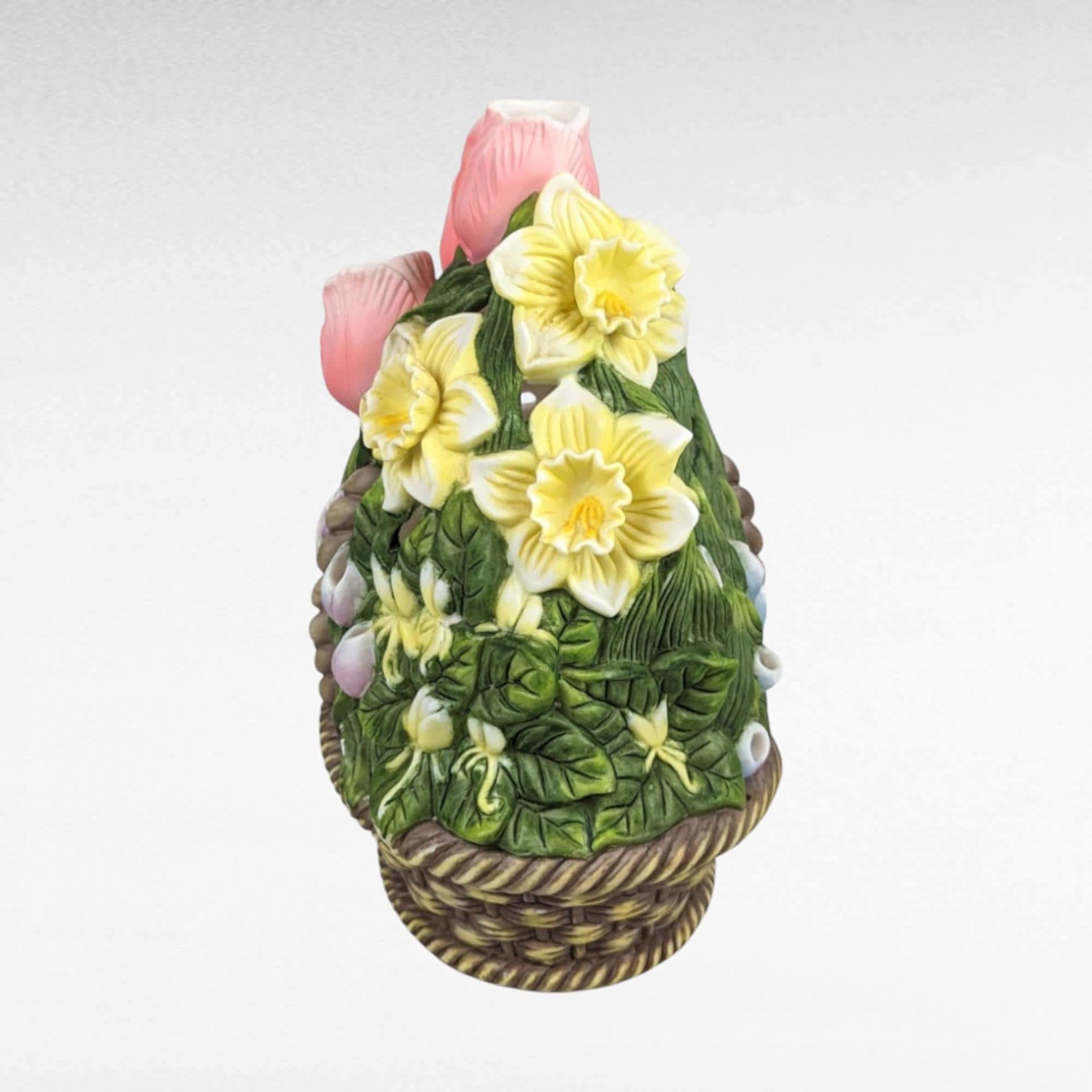 PartyLite Floral Basket Candle Holder | Retired | Ceramic Flower Basket | Tulips, Daffodils, Hyacinth | Spring Decor