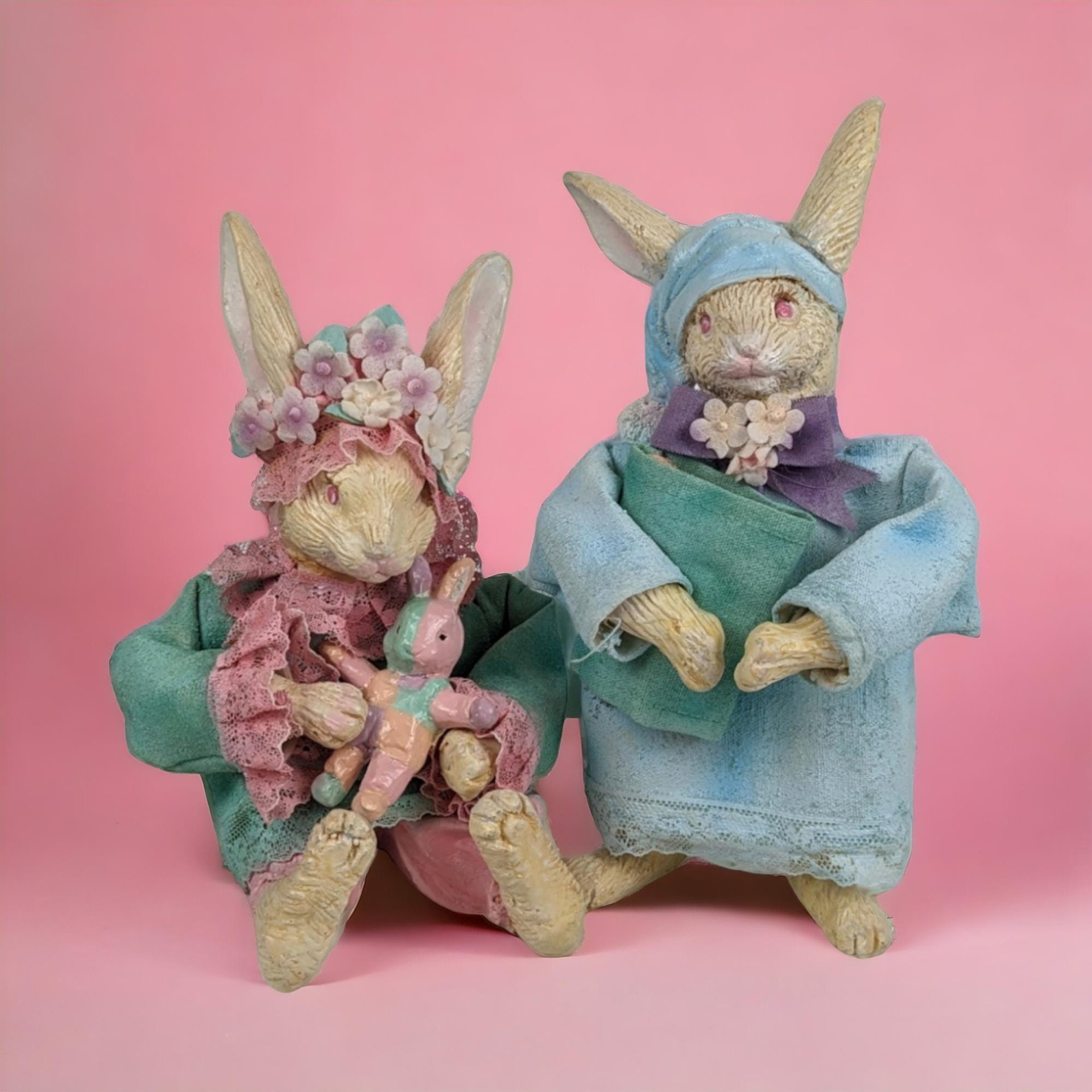Silvestri Bunny Figurines | Pair of Paper Mache Bunnies | Vintage Easter Decor | Whimsical Rabbit Figures | Collectible Bunnies