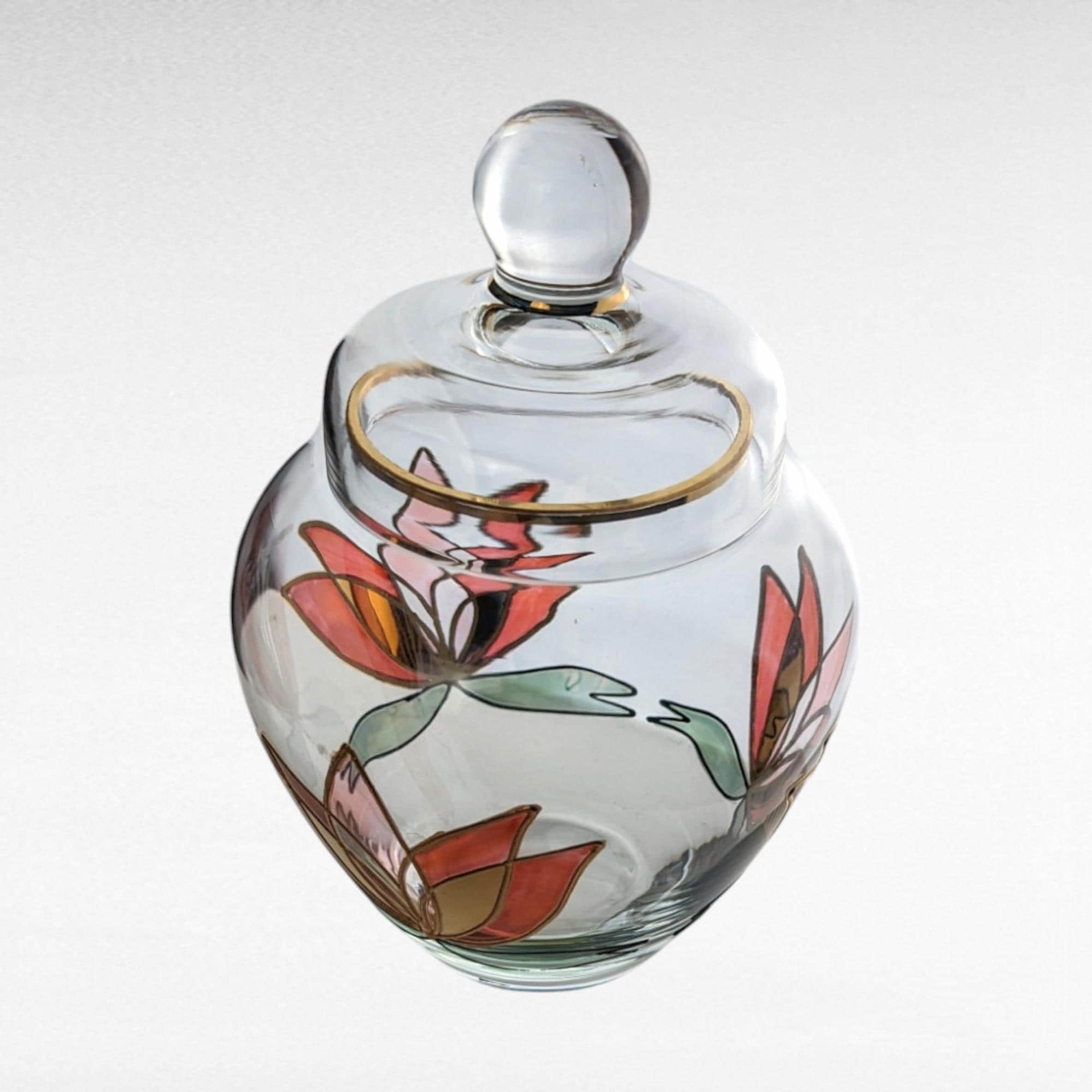 Lotus Art Glass Jar, Lidded Glass Jar, Hand-Painted Glass Jar, Floral Glass Jar, Vintage Glassware, Home Decor