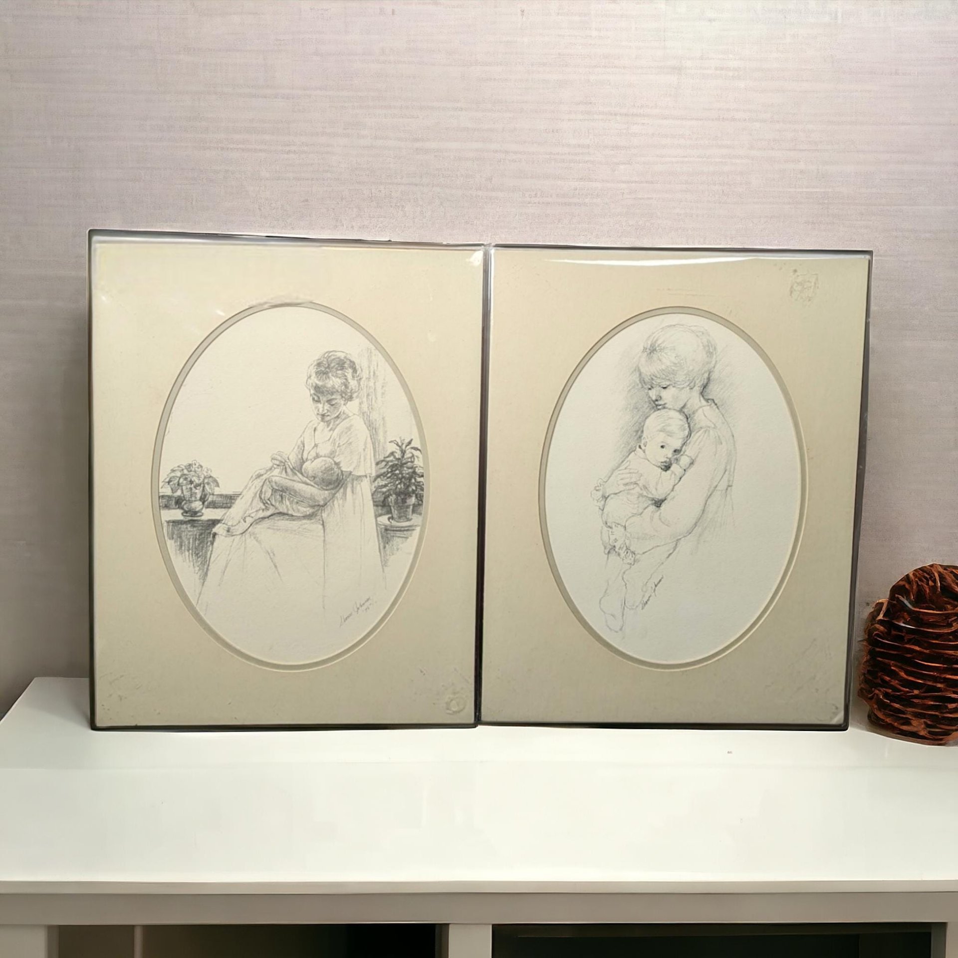 1975 Sharon Johnson Mother and Child Prints, Set of 2, 14x11 Inch, Vintage Pencil Drawings, Wall Decor, Nursery Art, Gift for Mom
