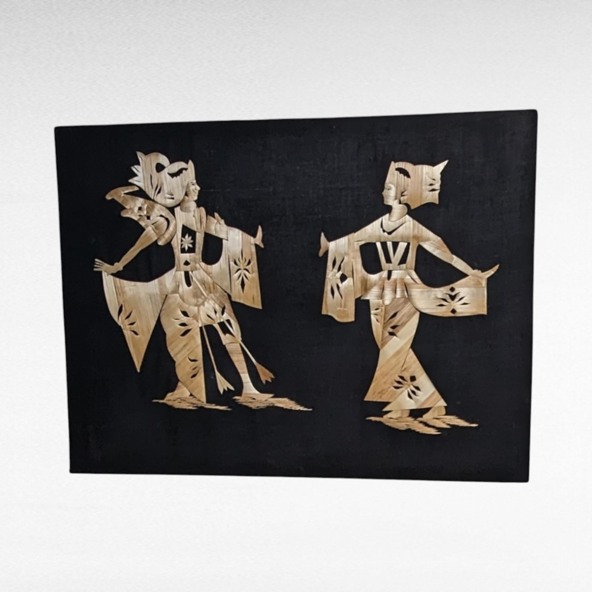 Vintage Asian Straw Art, Man and Woman Dancing,  Wall Decor, Boho Decor, Handmade Art, 11.5 x 15 Inches, Unframed