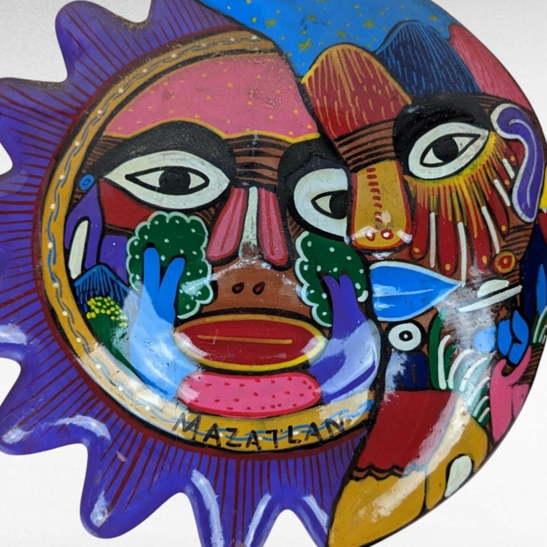 Mexican Folk Art Sun and Moon Wall Hanging, Terracotta, Hand-Painted, 9 Inches, Boho Decor, Southwestern Decor