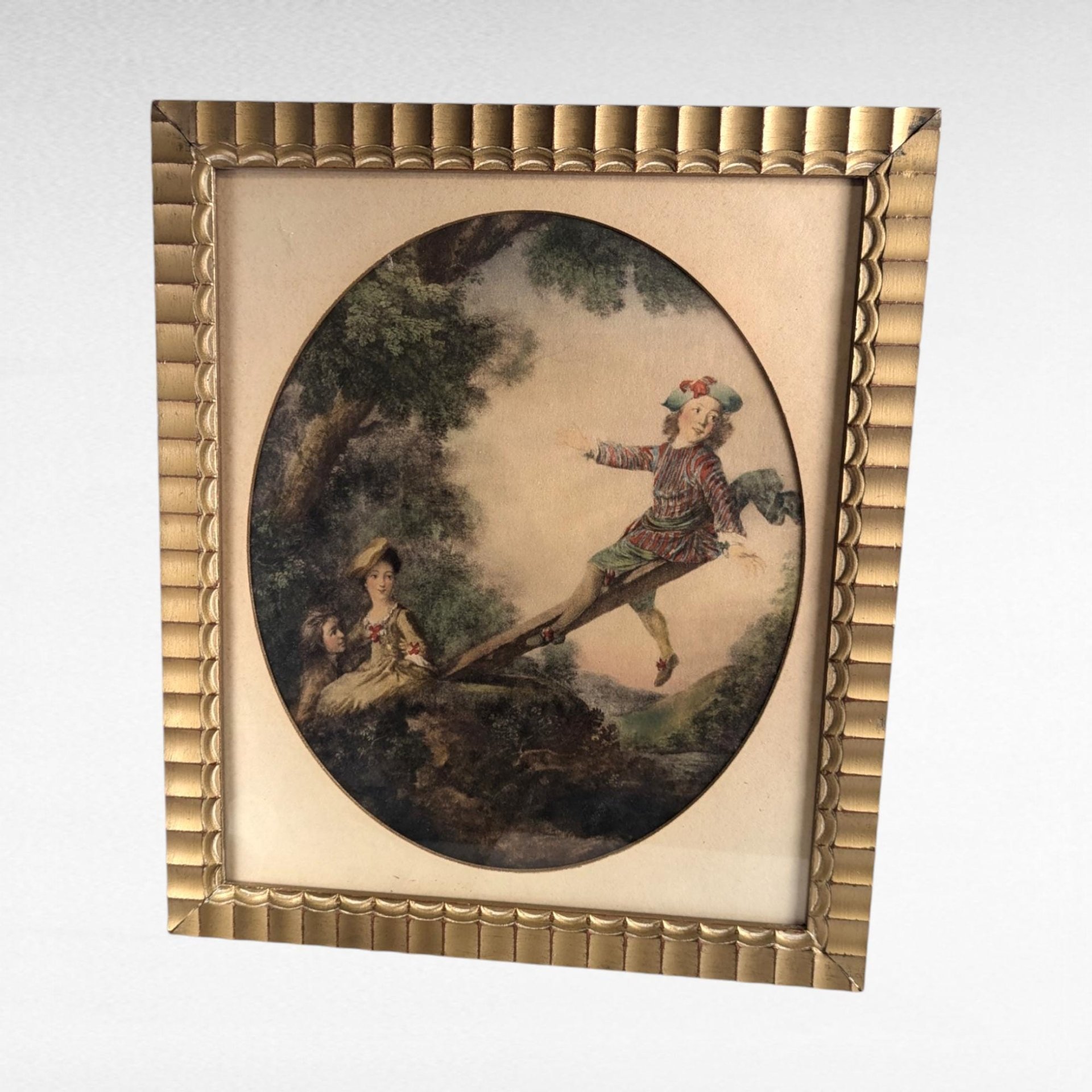 Pair of 1940s Framed Nicolas Lancret Prints, Rococo Art, "The Seesaw" & "Dropping the Hankie," Vintage Wall Decor, French Art Prints