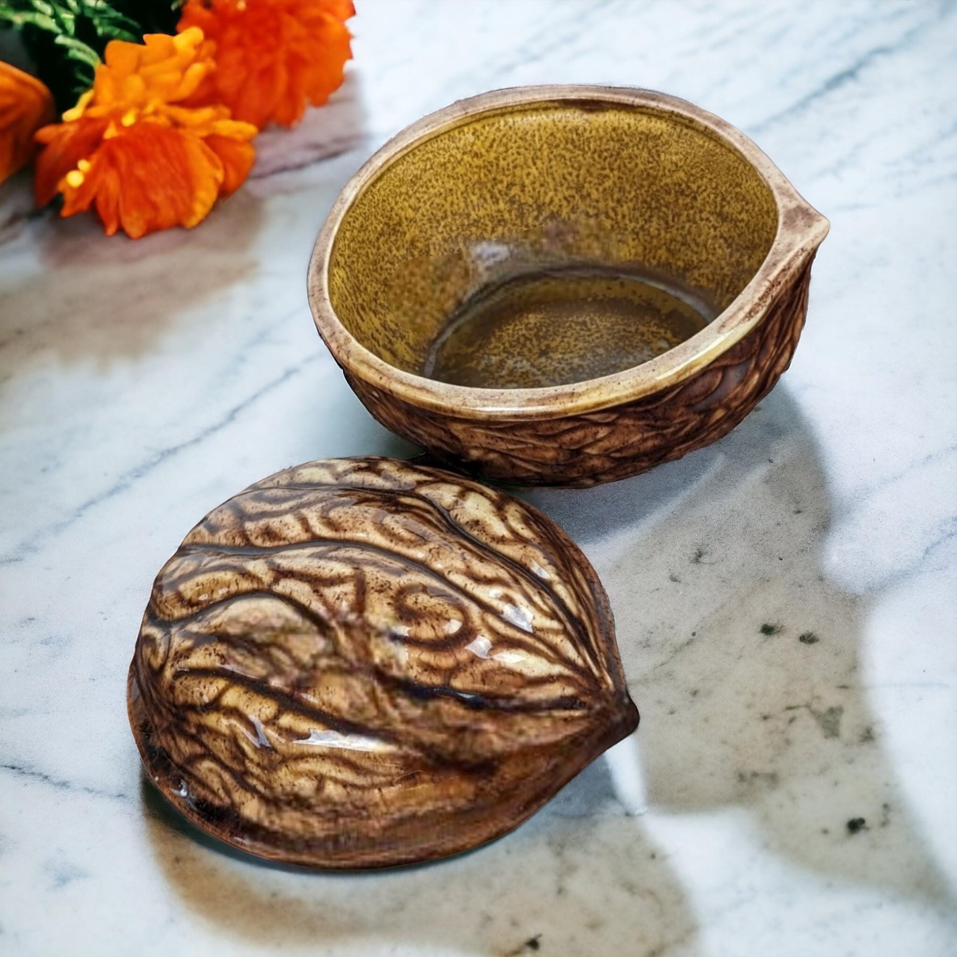 Hand Painted Walnut Trinket Box, Ceramic Walnut Bowl, Signed Bunny, Decorative Box, Unique Gift, Vintage Decor