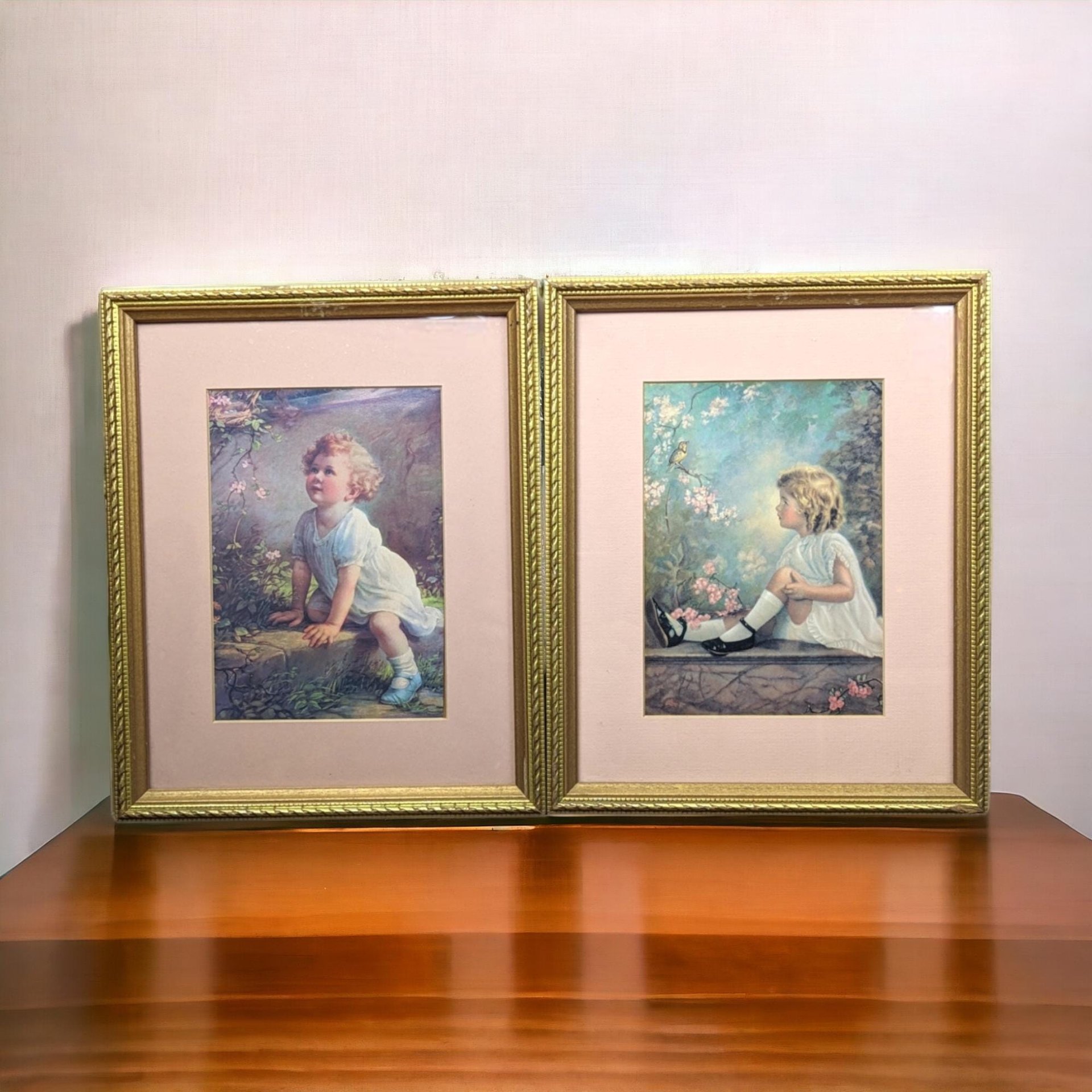 1930s Framed Prints Little Girls, "Song of the Bluebird" & "Song of the Lark," Vintage Children's Wall Art