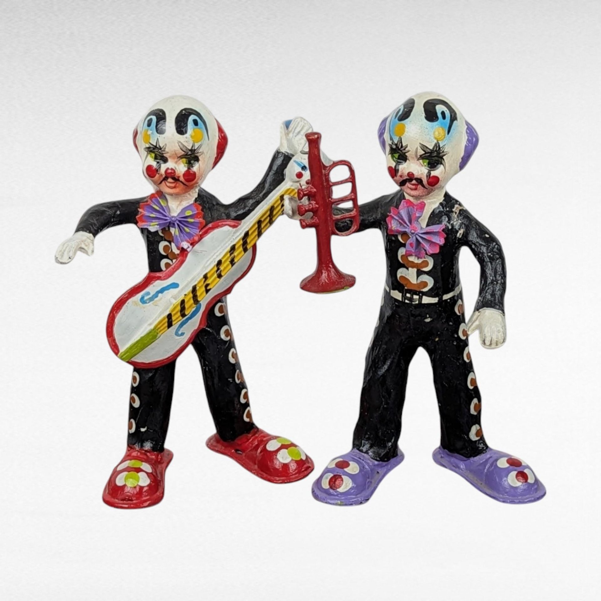 Vintage Mexican Paper Mache Clown Figurines, Musician Clowns, Folk Art, Day of the Dead Decor, Pair of Clowns