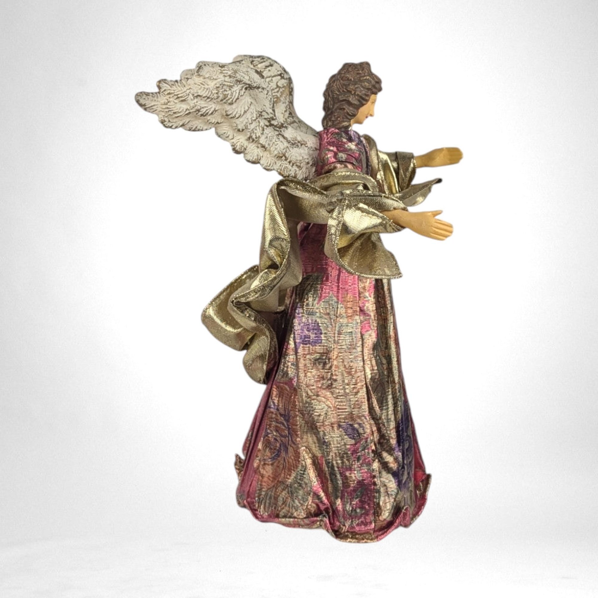 Vintage Angel Tree Topper, 9.5" Floral Fabric Angel, Christmas Angel Treetop, Holiday Decor, Gold Angel, Pink and Purple Angel