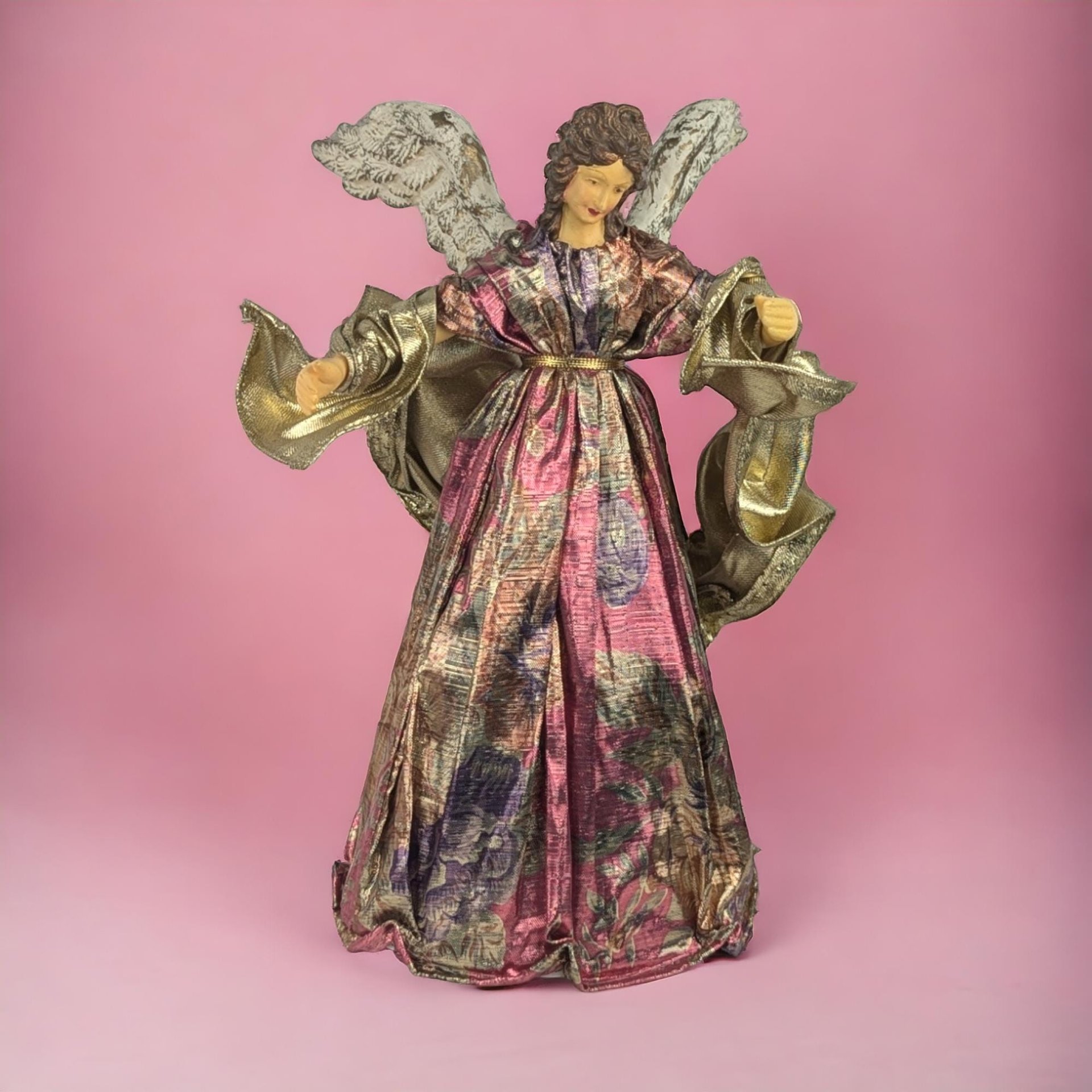 Vintage Angel Tree Topper, 9.5" Floral Fabric Angel, Christmas Angel Treetop, Holiday Decor, Gold Angel, Pink and Purple Angel