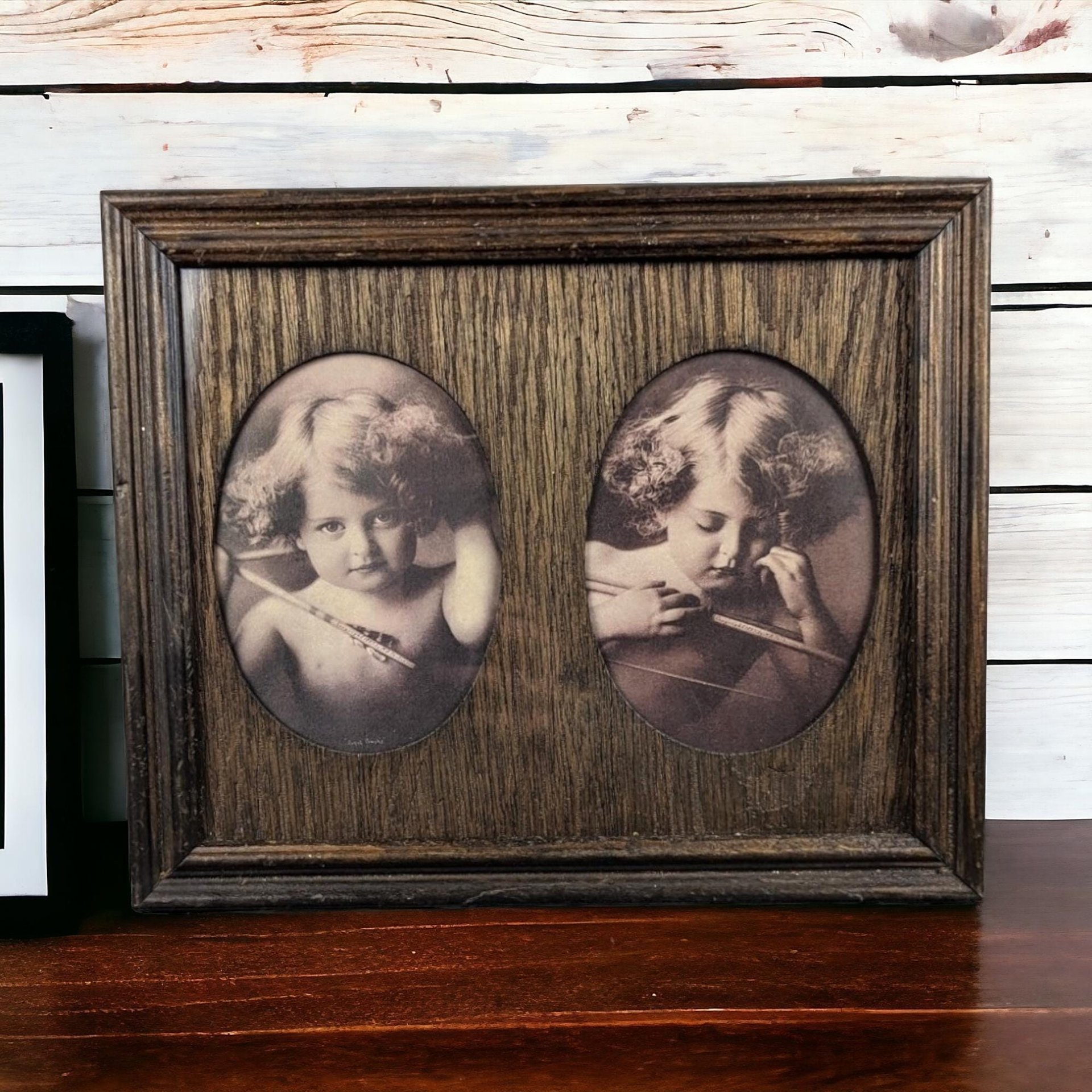 Vintage Framed Cherub Print | Angel Asleep | Angel Awake Picture | Double Oval Frame | Wall Decor | 11.5x9.5 Inches
