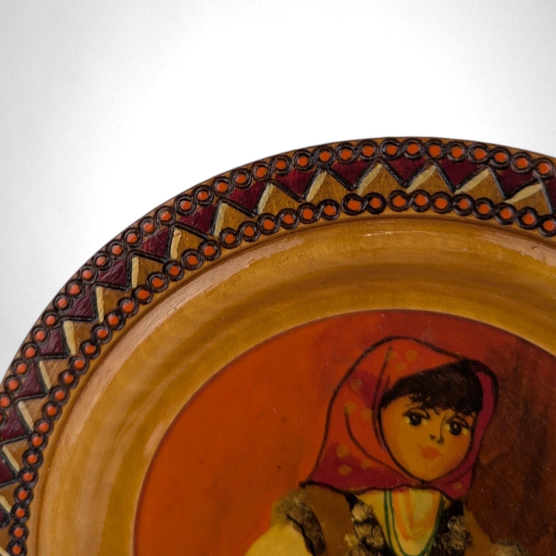 Vintage Romanian Handpainted Wooden Plate, Wall Decor, Folk Art, Collectible Plate, Traditional Romanian Design, 7 inches