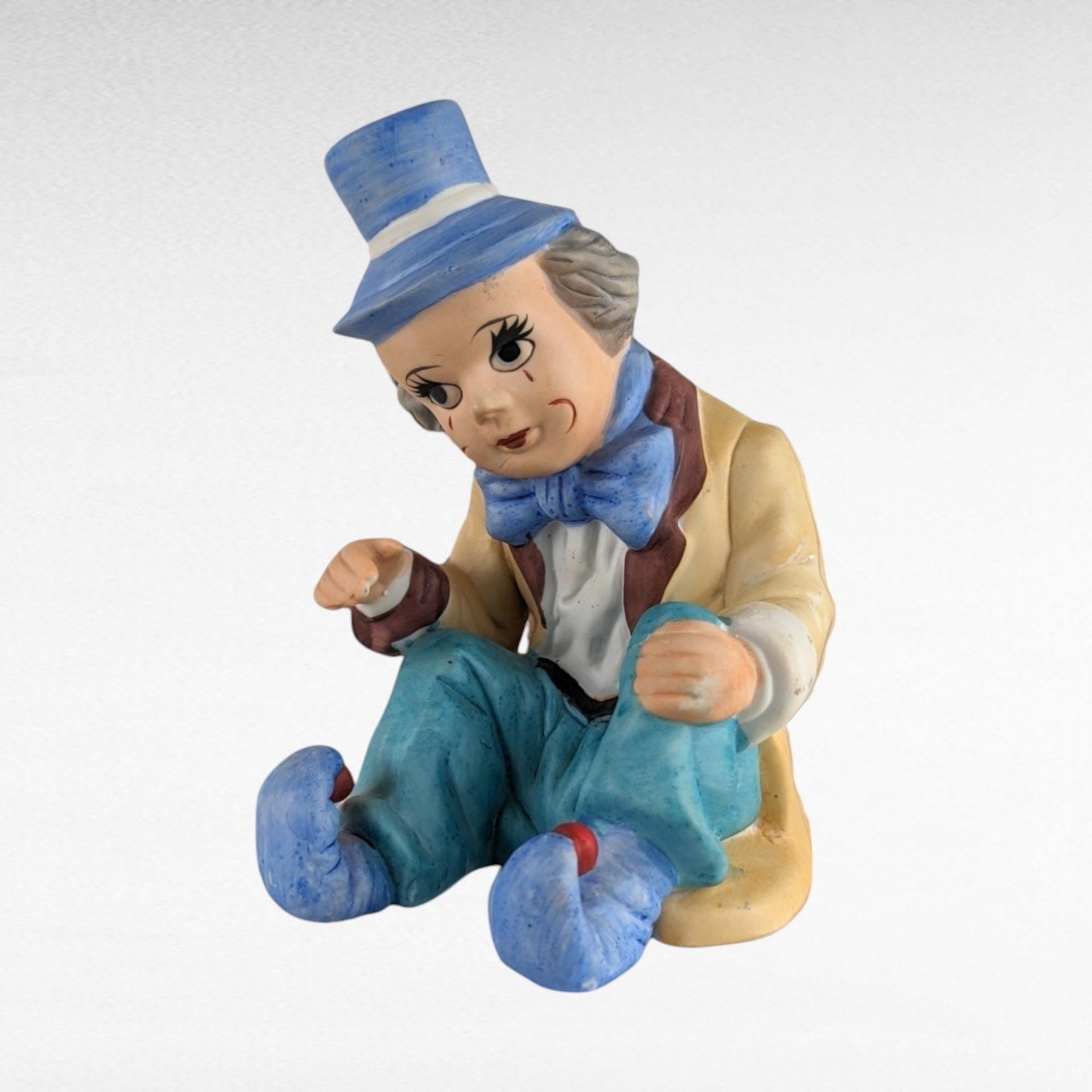 Vintage UCAGCO Ceramic Clown Figurine, Sitting Clown with Blue Hat, Made in Japan