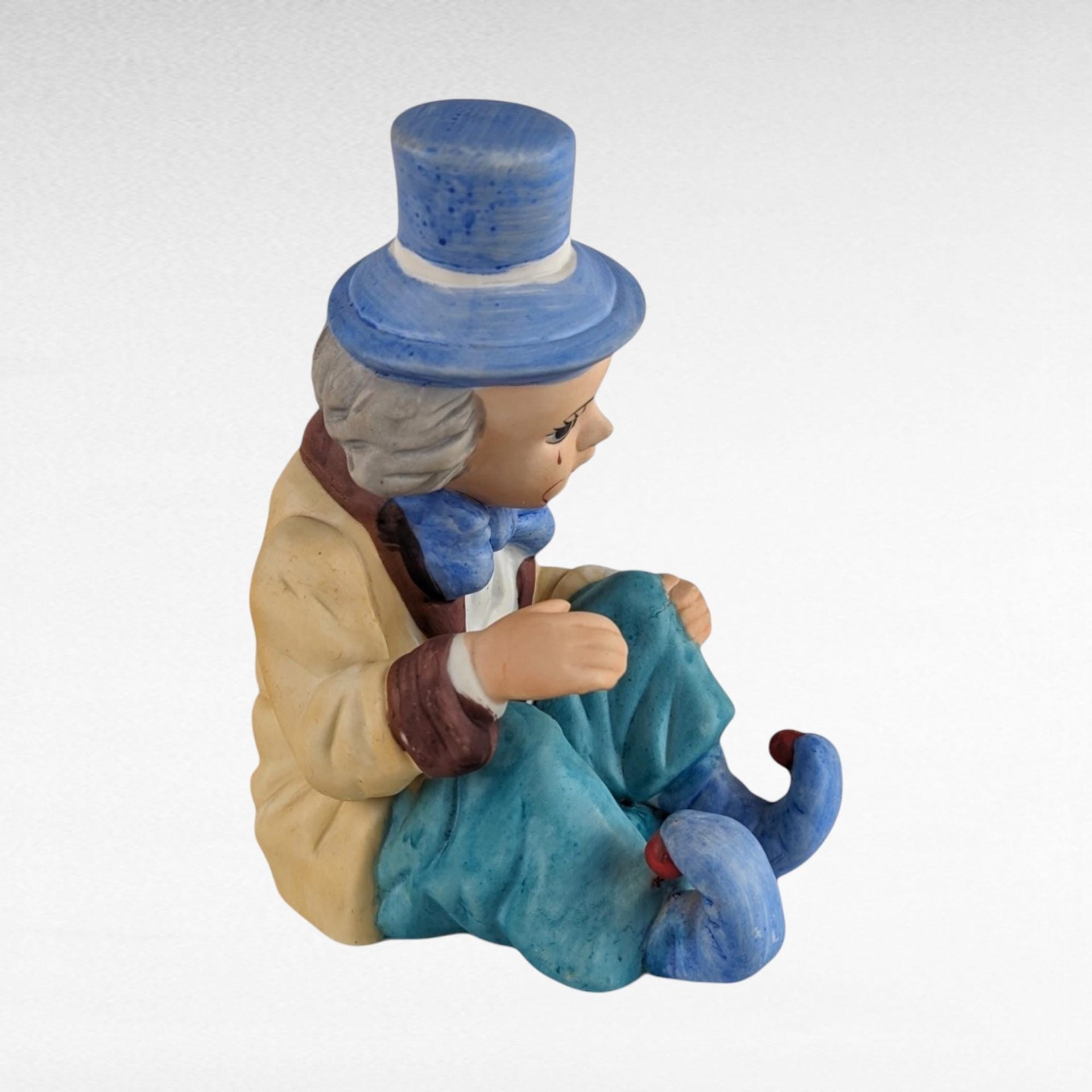 Vintage UCAGCO Ceramic Clown Figurine, Sitting Clown with Blue Hat, Made in Japan