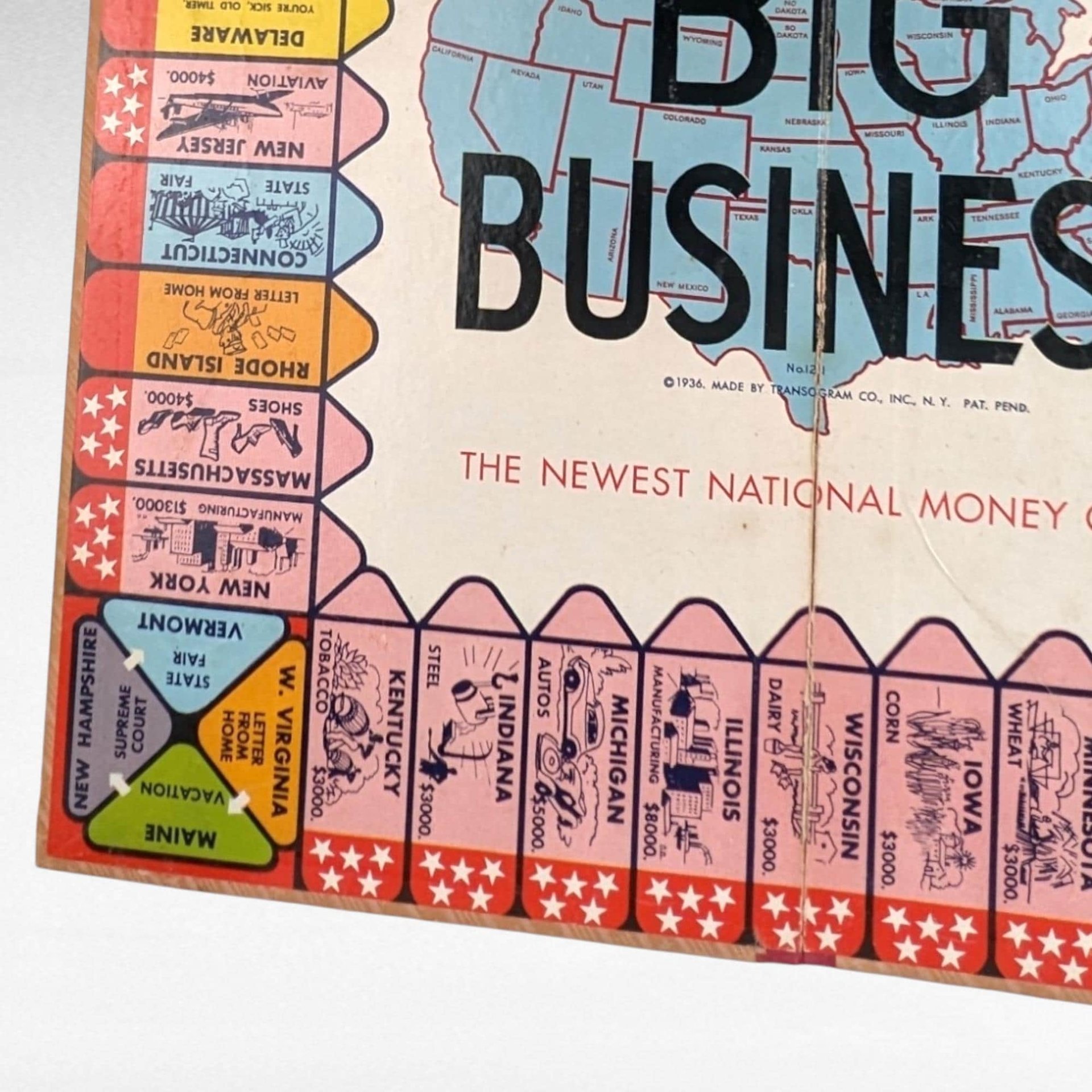 Vintage 1936 Transogram Big Business Board Game Wall Hanging - 17 3/4 Inch Square - Unique Home Decor - Retro Game Room Art