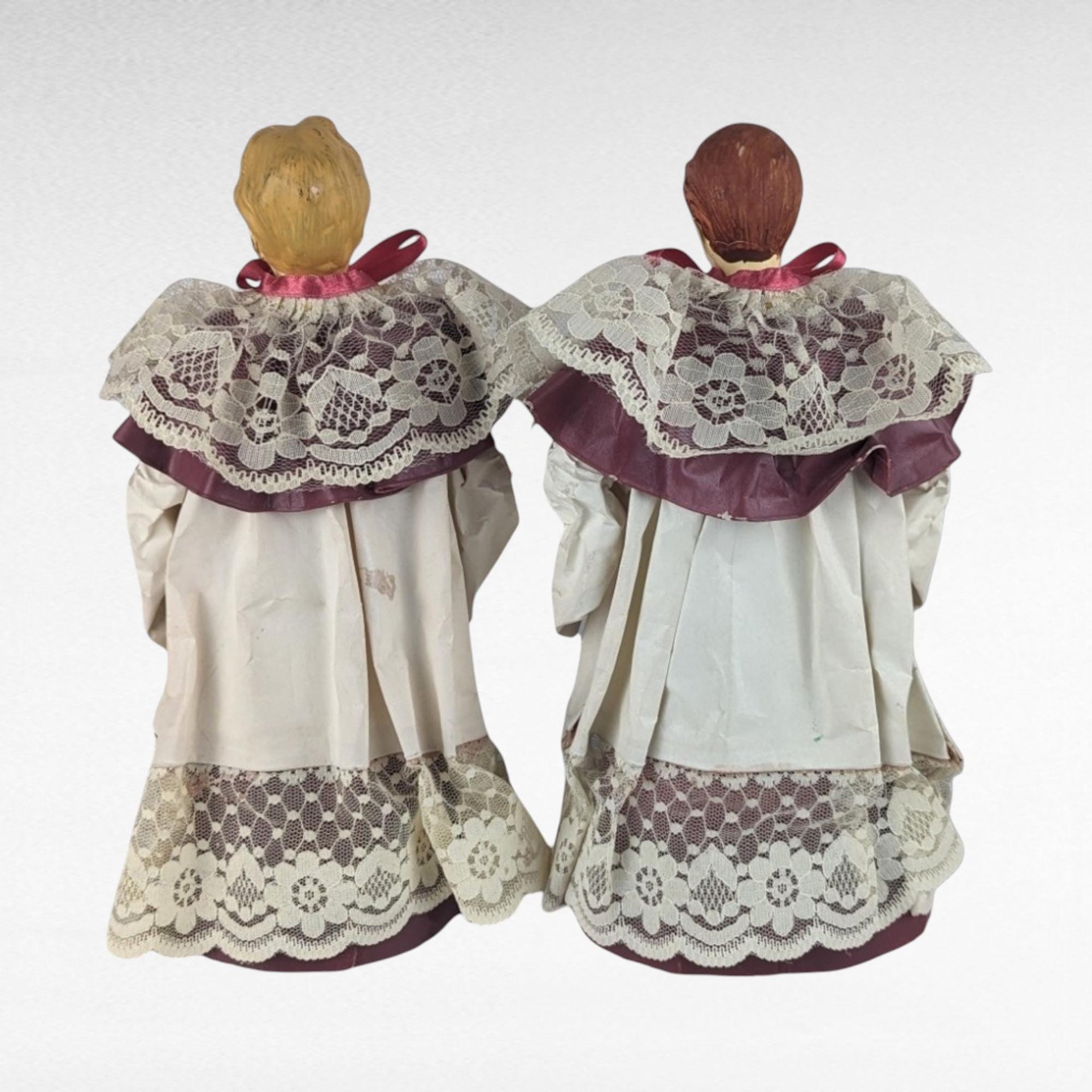 Vintage Caroler Figure Pair, Christmas Choir Singers, Holiday Decor, Small Tree Toppers, 10 inches Tall, Retro Christmas Decorations
