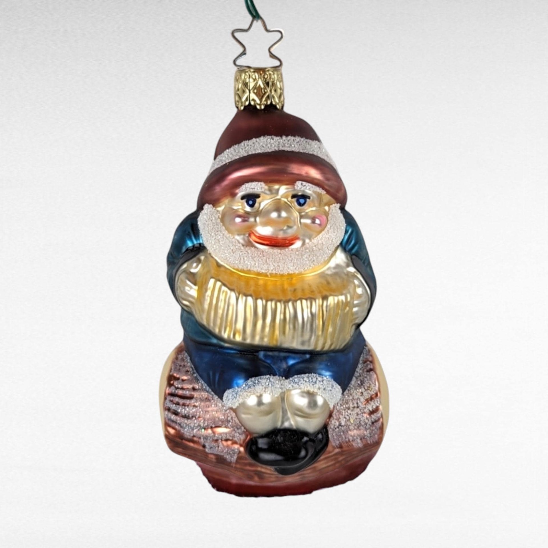 Vintage Merck Family Gnome Christmas Ornament - Glass Gnome on a Log - German Blown Glass