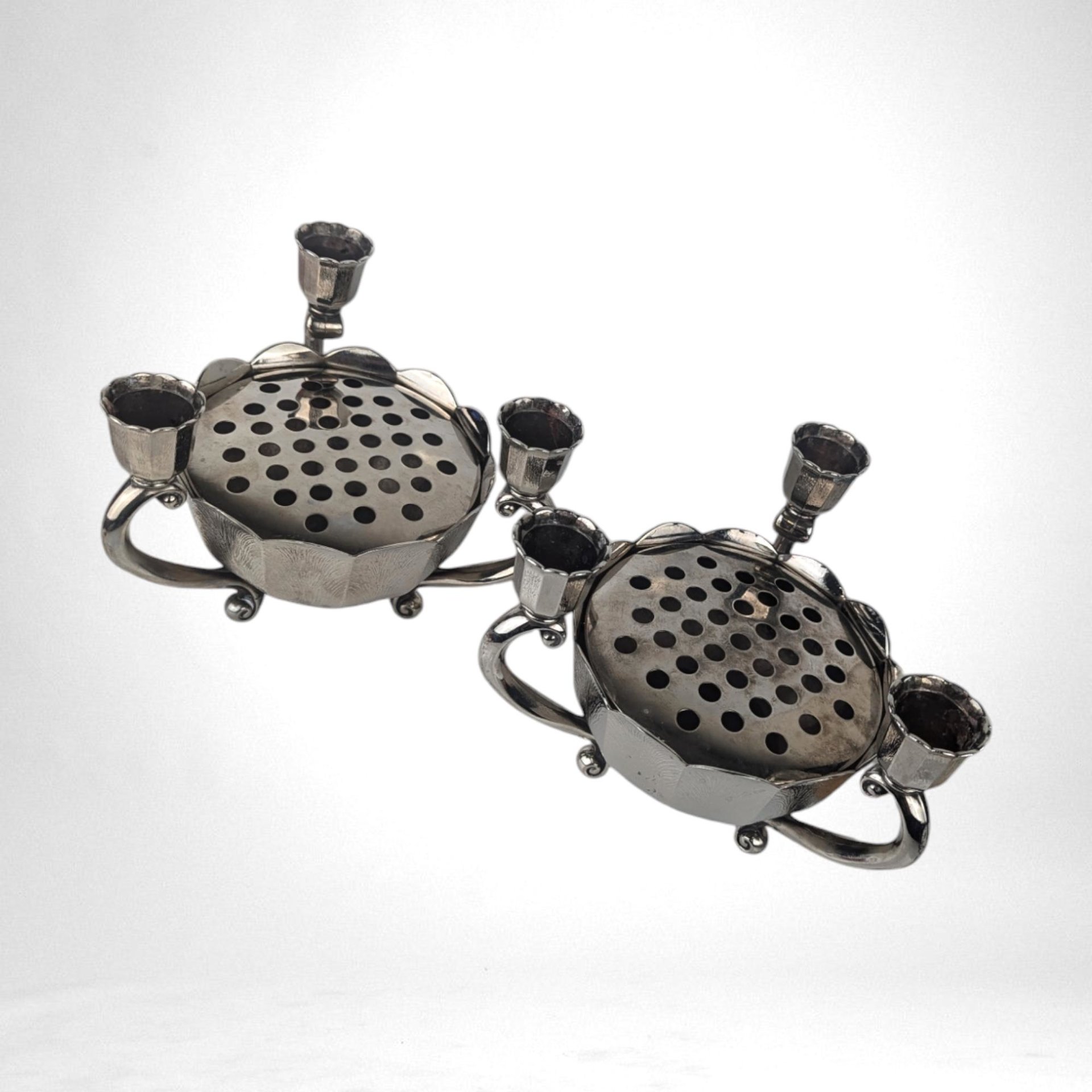 Pair of Vintage Italian Silver Tone Flower Bowl Candle Holder Centerpiece with Flower Frog