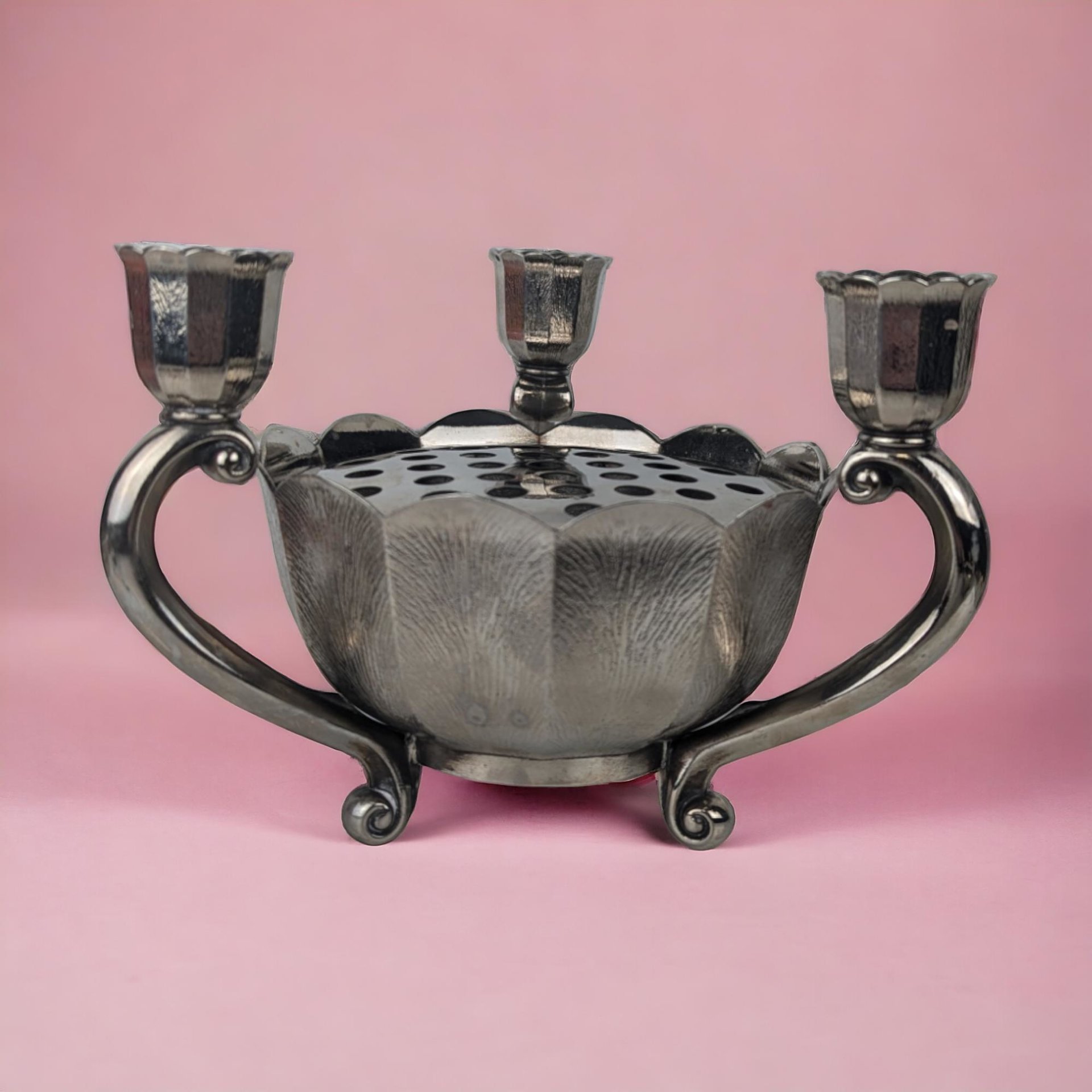 Pair of Vintage Italian Silver Tone Flower Bowl Candle Holder Centerpiece with Flower Frog