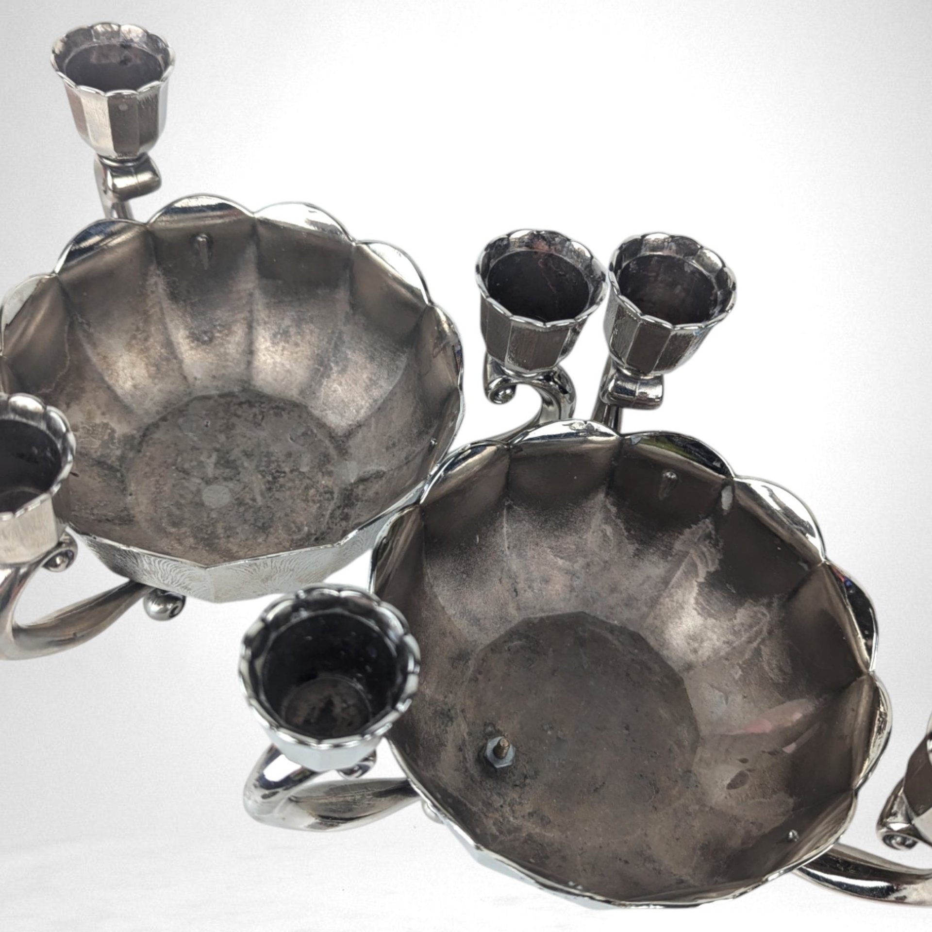 Pair of Vintage Italian Silver Tone Flower Bowl Candle Holder Centerpiece with Flower Frog