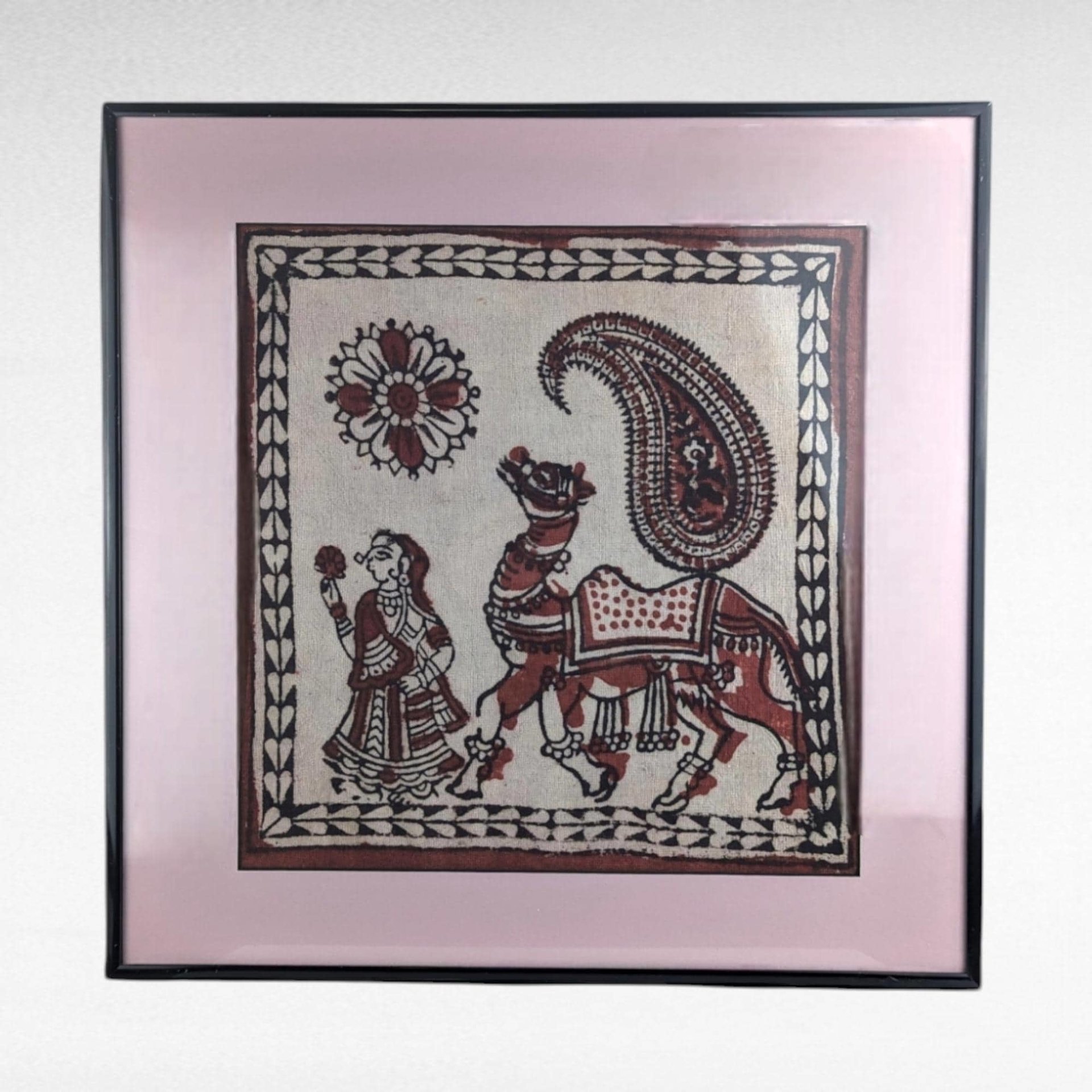 Vintage Framed Painting | Indian Folk Art | Tribal Art | Textile Art | Wall Decor | Camel and Traveler | 15.5"