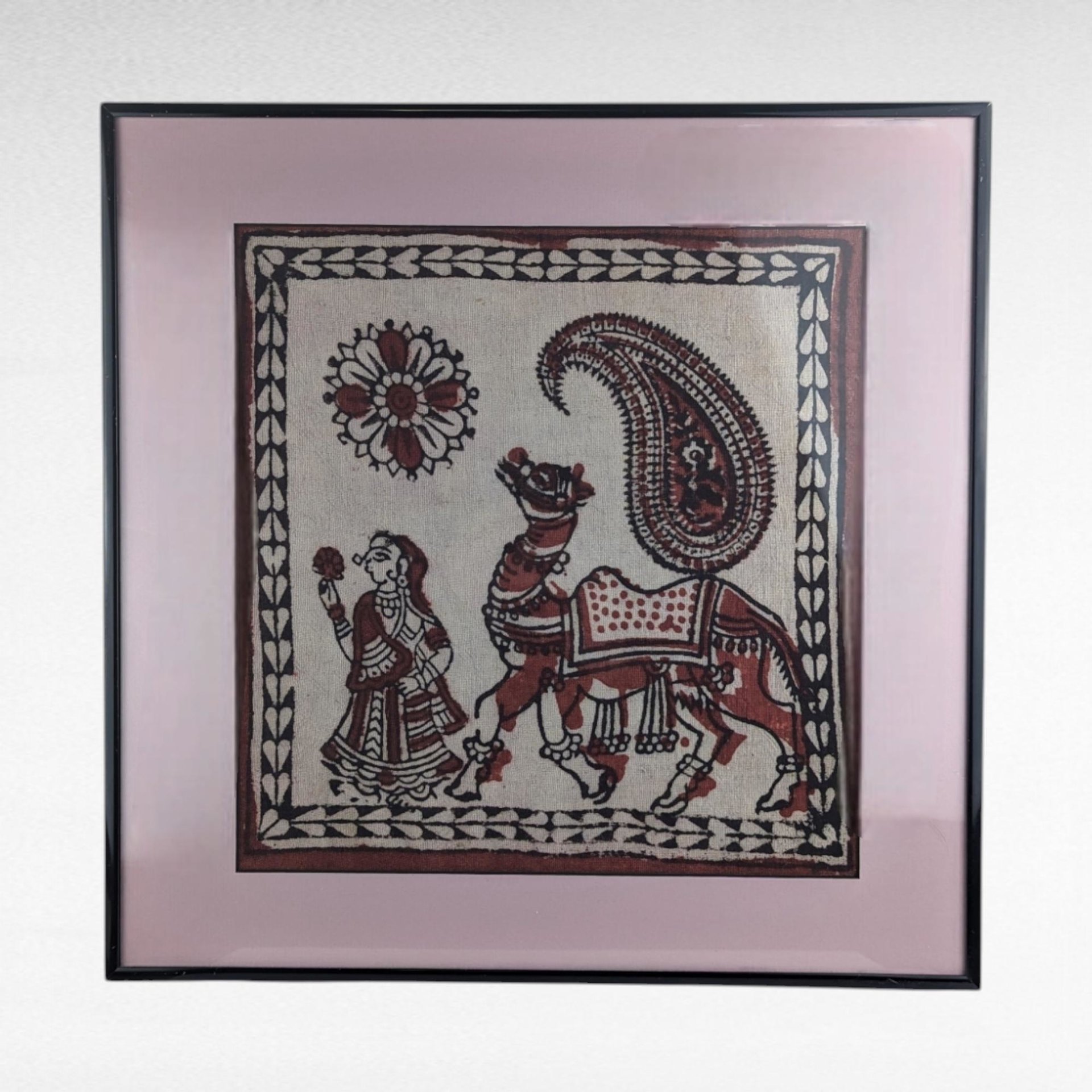 Vintage Framed Painting | Indian Folk Art | Tribal Art | Textile Art | Wall Decor | Camel and Traveler | 15.5"