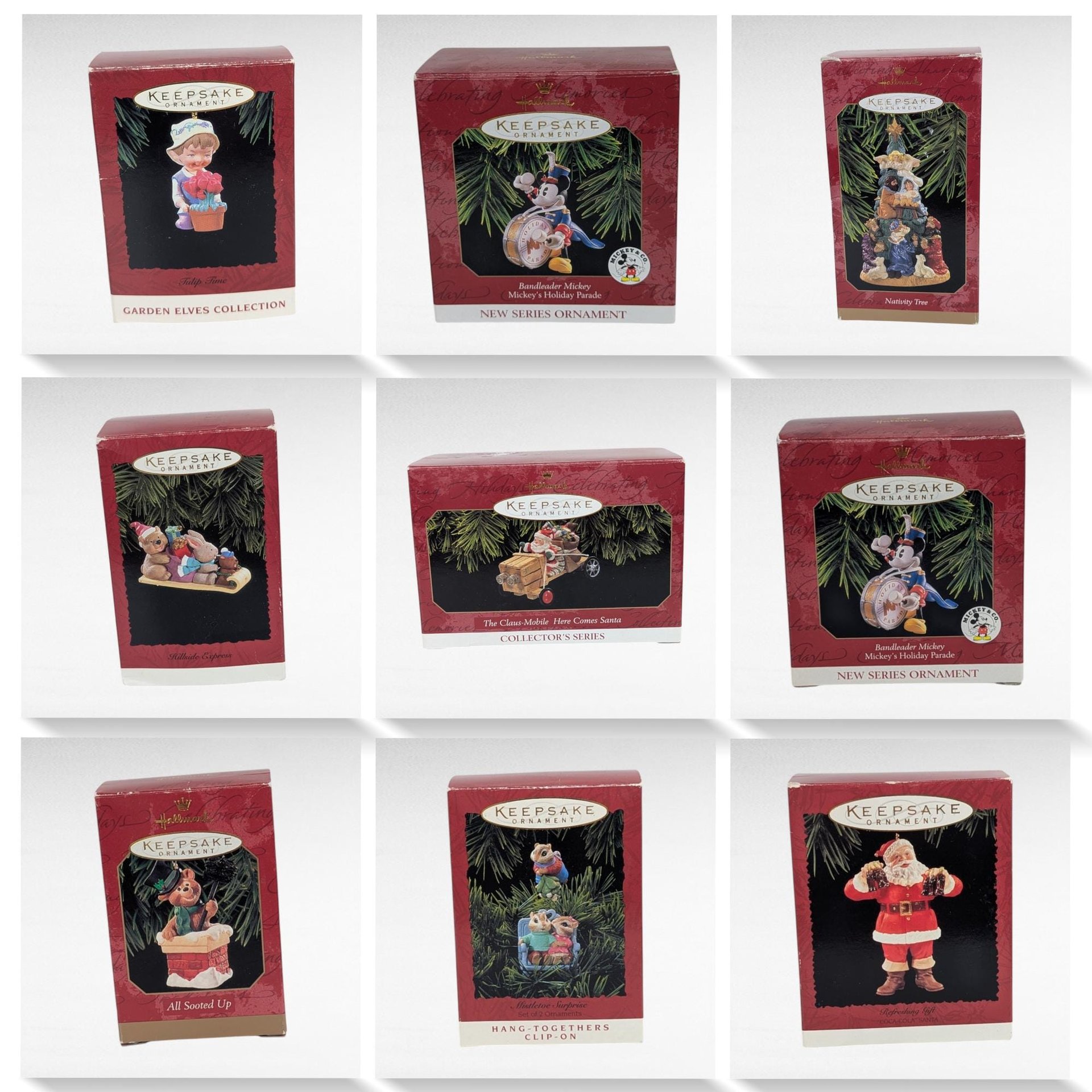Vintage Hallmark Ornament Lot - 90s Keepsake Ornaments with Boxes - Mickey, Elves, Santa, & More