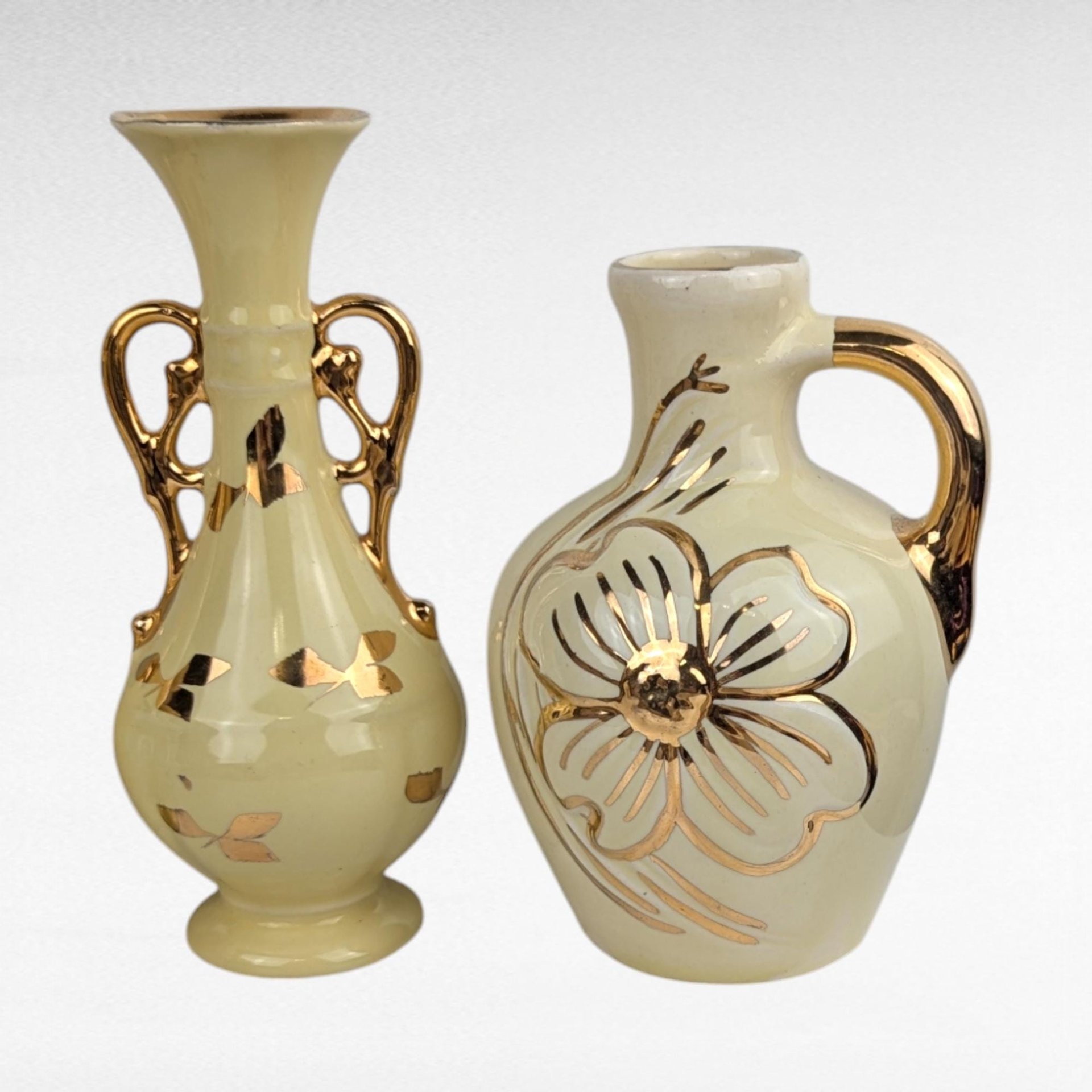 Vintage Yellow Ceramic Bud Vases - Art Deco Trio & MCM Pitcher Vase - Gold Accents
