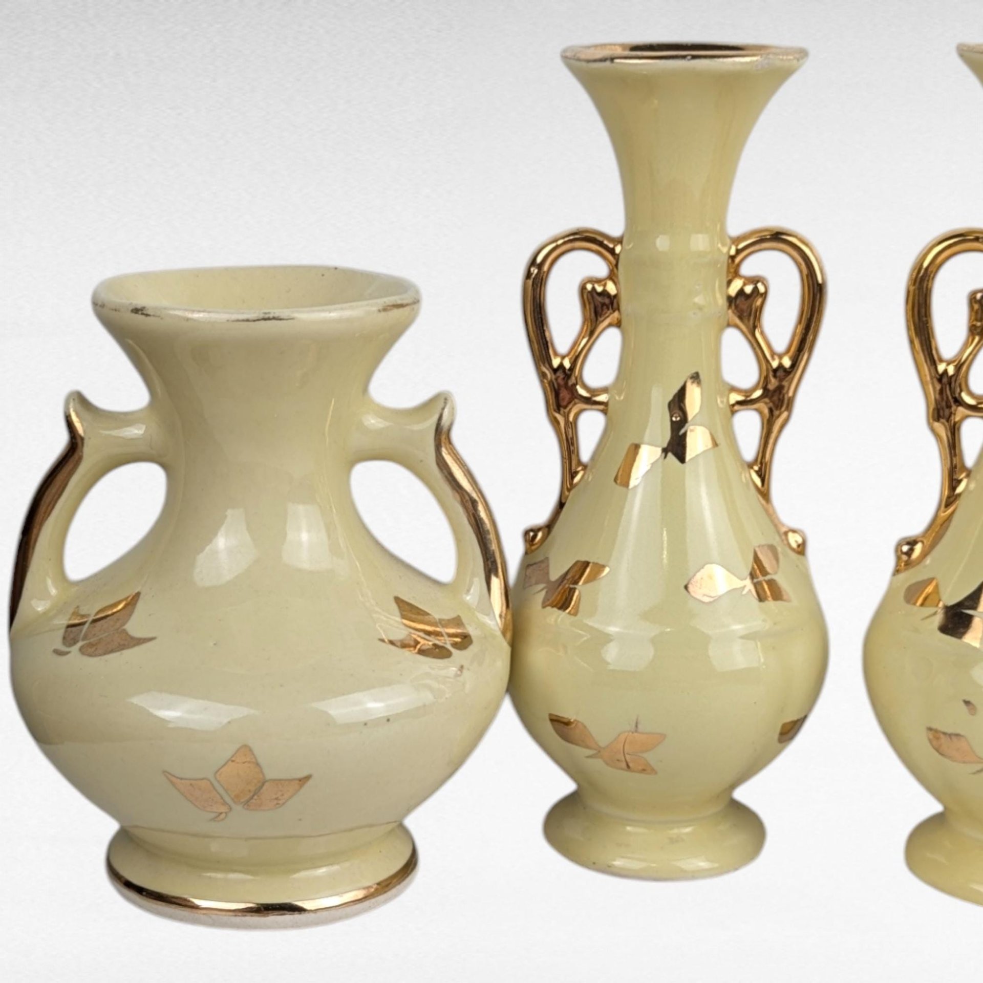 Vintage Yellow Ceramic Bud Vases - Art Deco Trio & MCM Pitcher Vase - Gold Accents