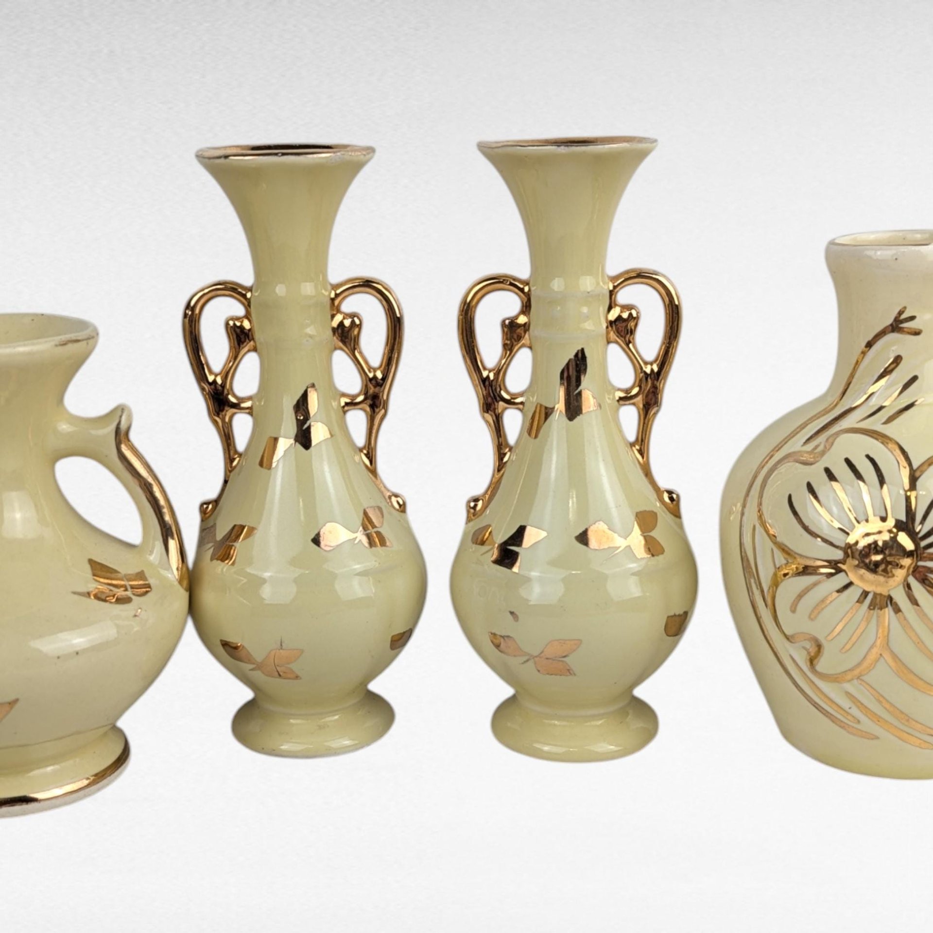Vintage Yellow Ceramic Bud Vases - Art Deco Trio & MCM Pitcher Vase - Gold Accents