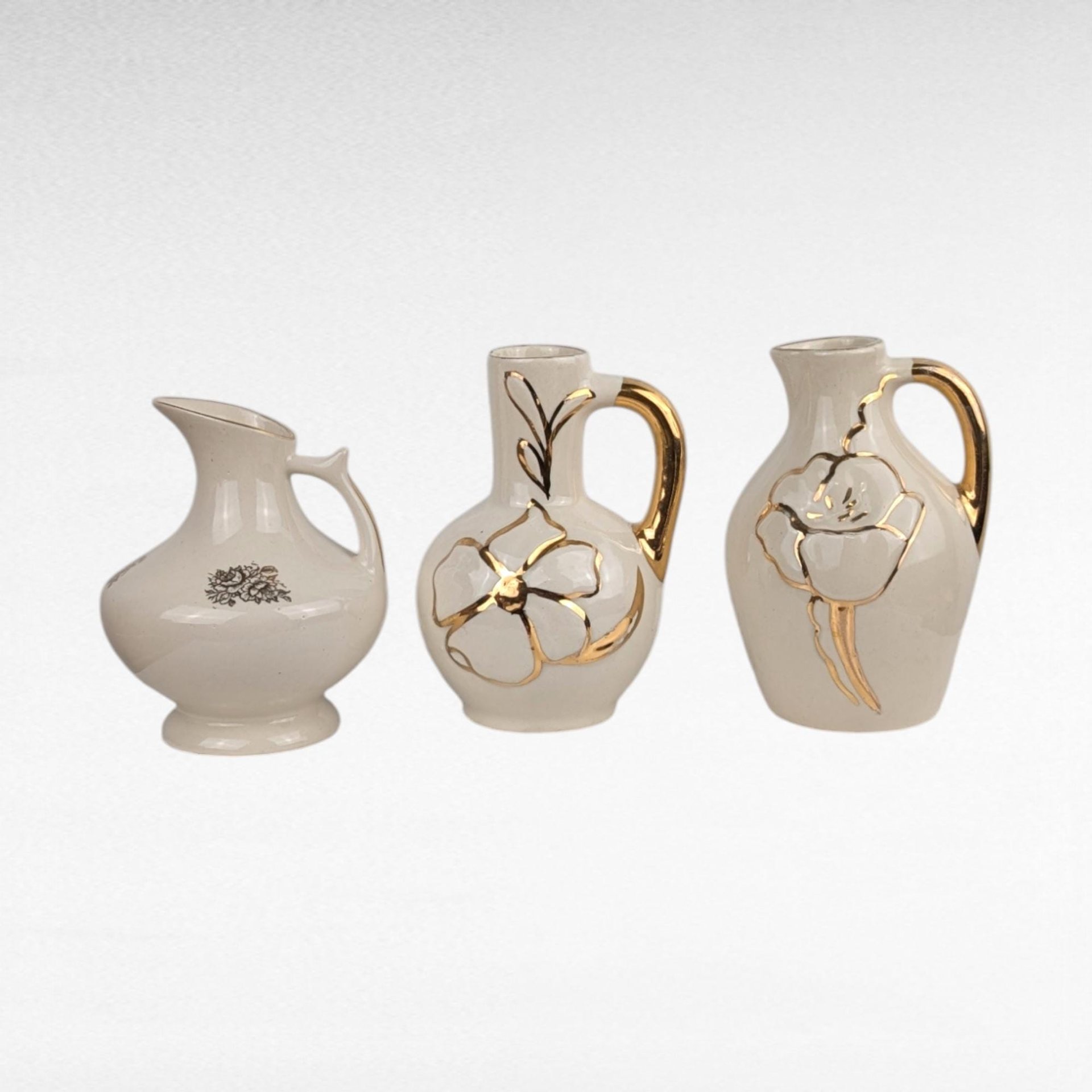 Vintage Cream Ceramic Bud Vase Trio - MCM Pitcher Vases with Gold Trim & Flowers