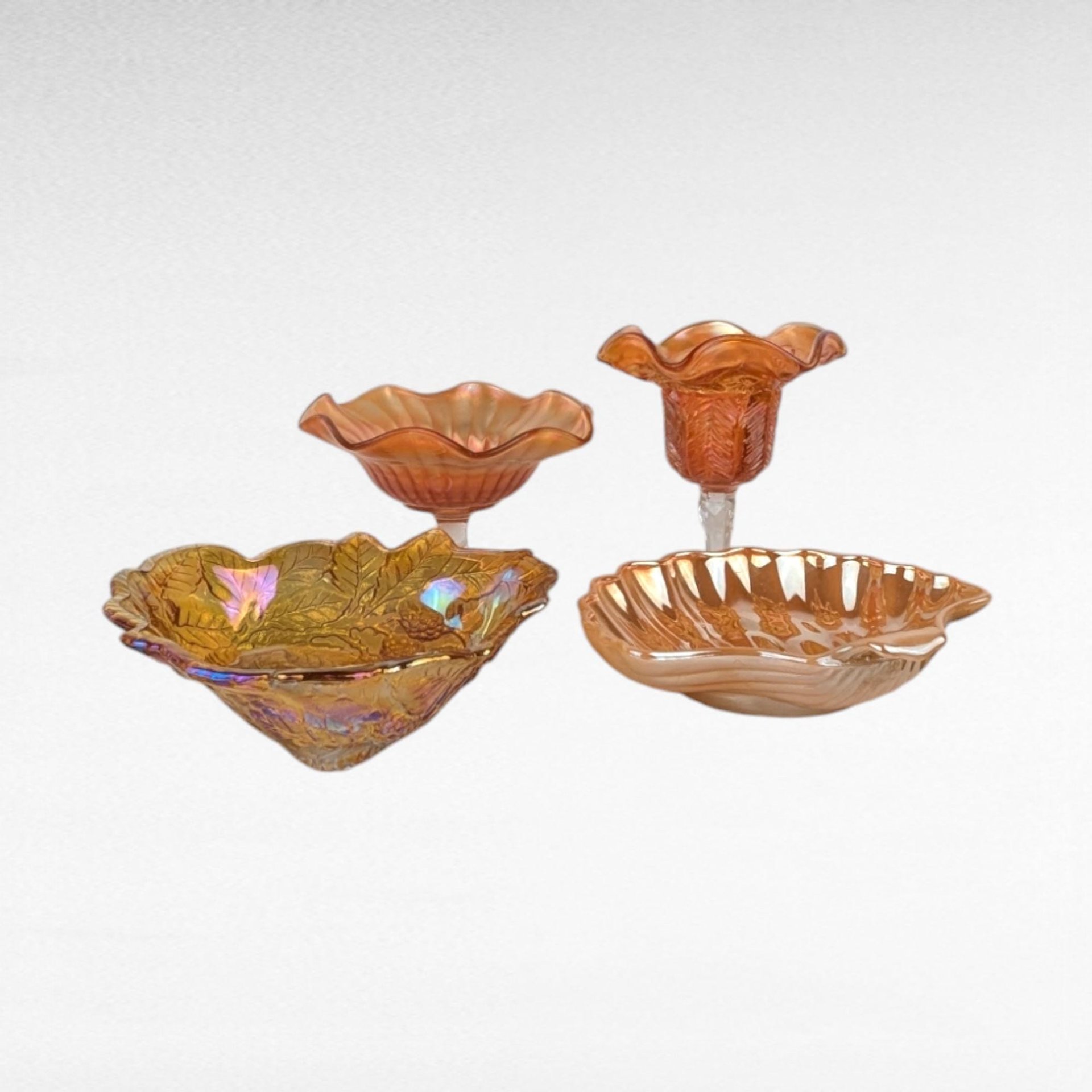 Vintage Marigold Glass Set, 4 Pieces, Compote, Candy Dishes,  Loganberry Bowl,  Iridescent Glassware, Home Decor, Gift for Collector