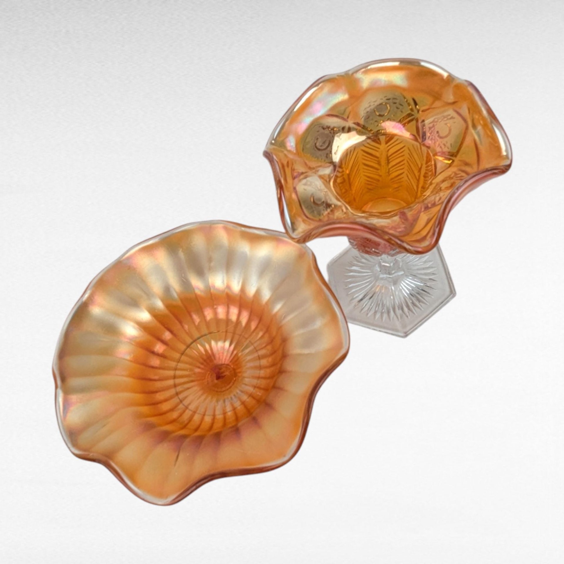 Vintage Marigold Glass Set, 4 Pieces, Compote, Candy Dishes,  Loganberry Bowl,  Iridescent Glassware, Home Decor, Gift for Collector