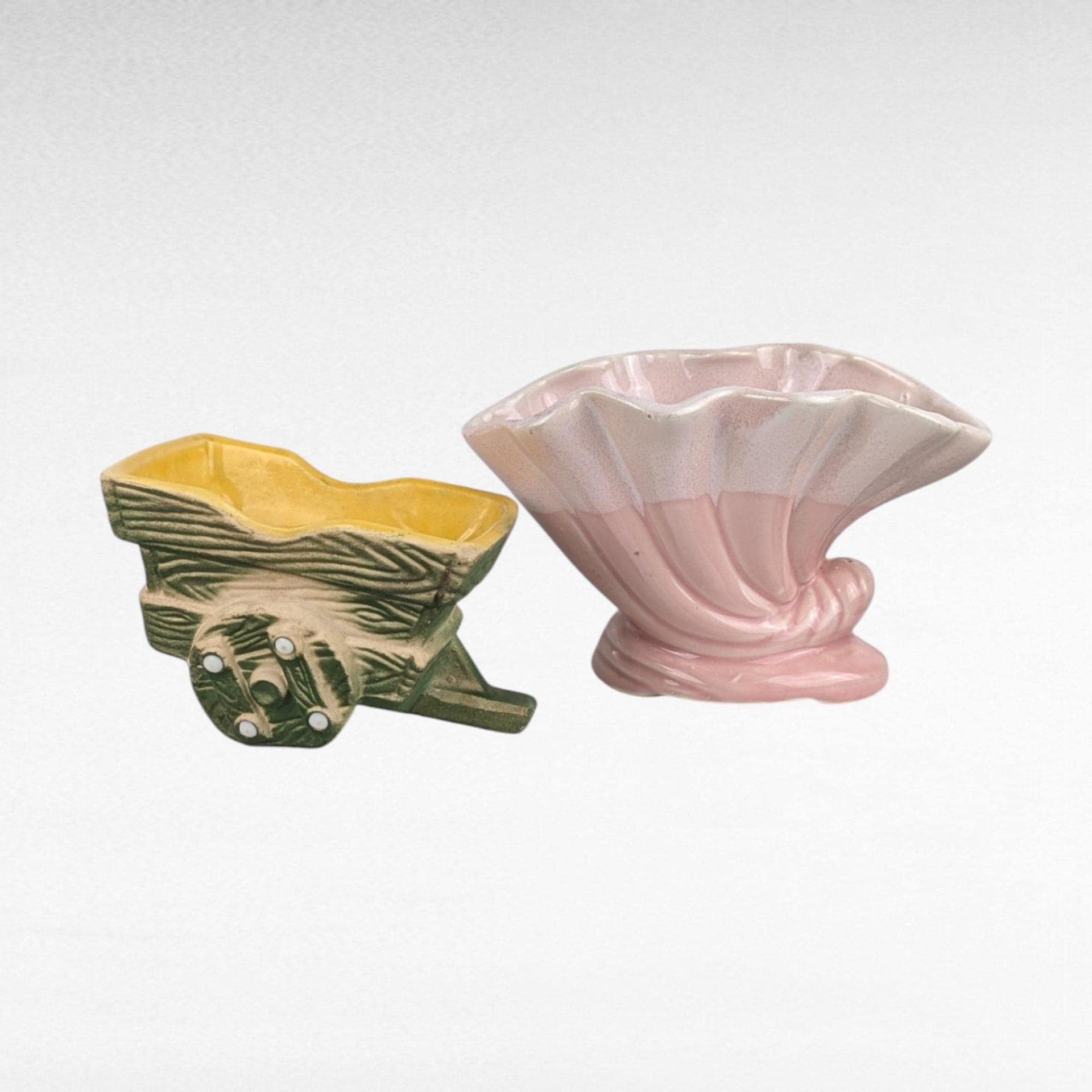 Vintage Ceramic Planters, Shawnee Wheelbarrow Planter, Pink Shell Planter, Mid Century Modern, Succulent Planters, Indoor Garden