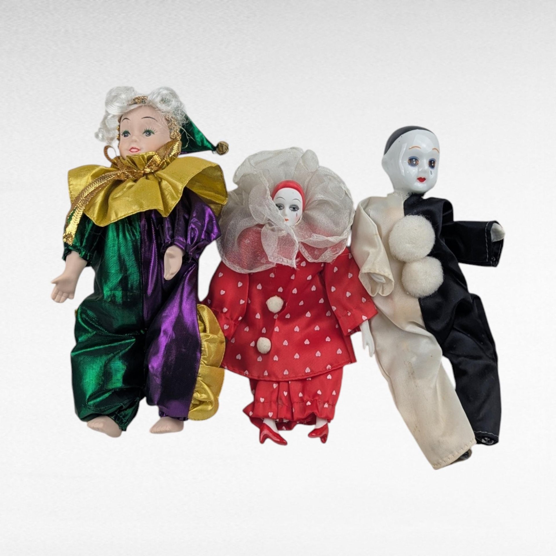 Vintage Porcelain Clown Dolls, Set of 3, Small Harlequin Dolls, Pierrot Clown, Sad Clown, Collectible Dolls, Circus Decor