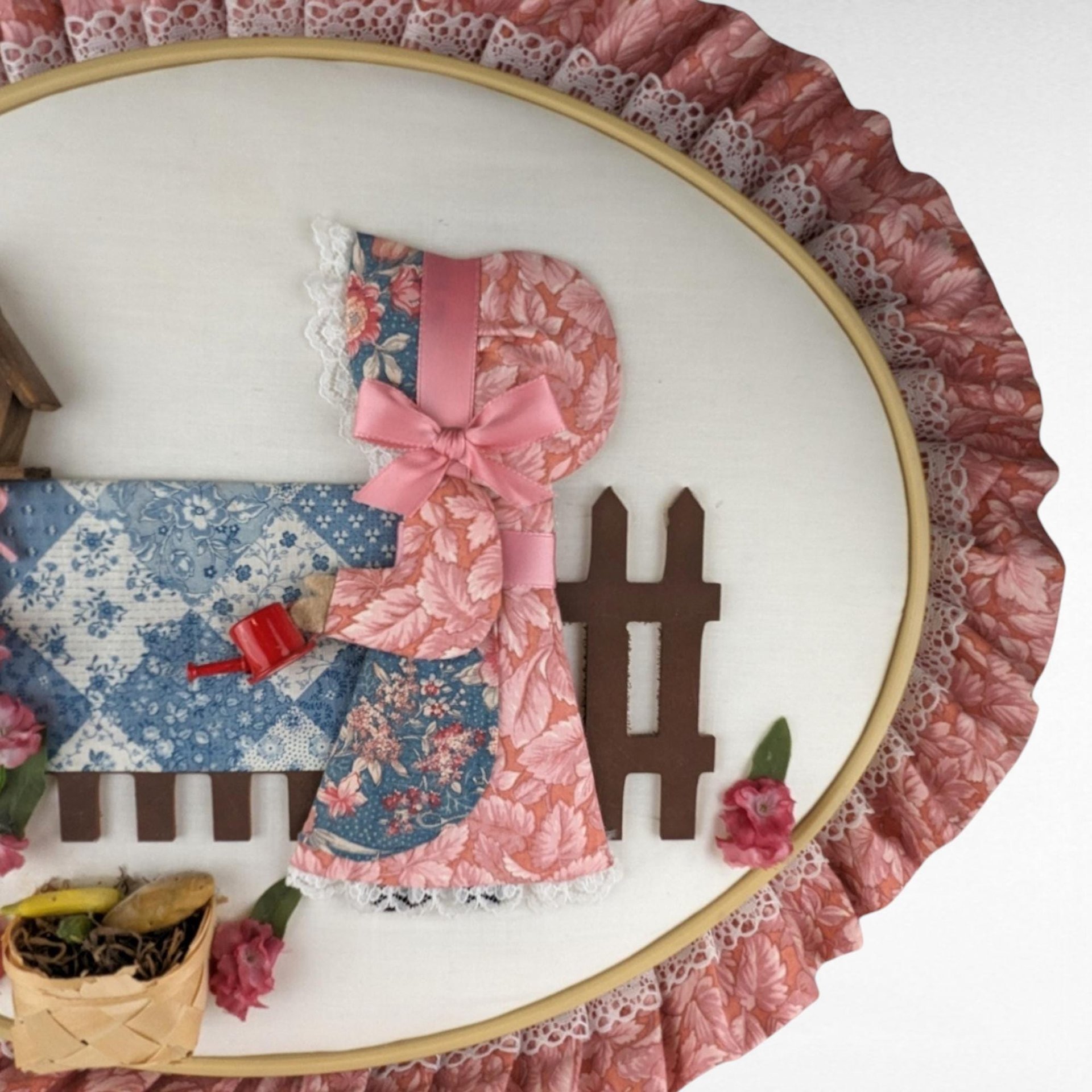 Vintage Quilted Wall Hanging | Girl in Garden Scene | Handmade Wall Decor | Country Home Decor