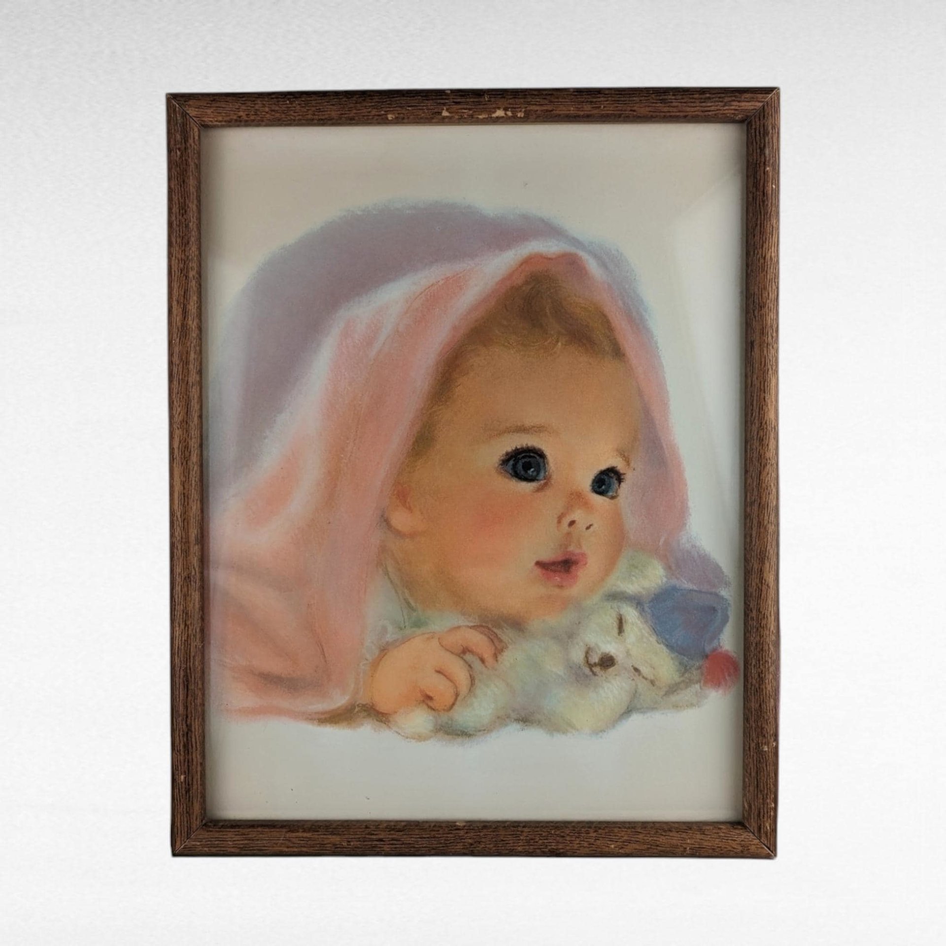 Vintage 1960s Northern Tissue Baby Framed Print | Baby with Pink Blanket | Nursery Decor | Retro Wall Art