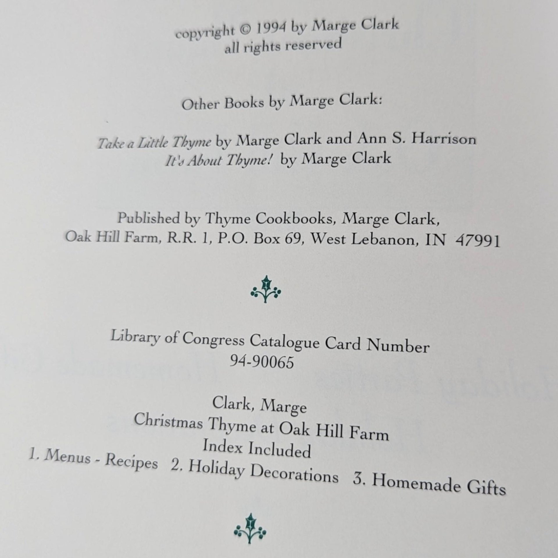 Signed Christmas Thyme at Oak Hill Farm, Marge Clark, 1994 Hardcover Book, Holiday Decor & Crafts,  Gift for Collectors