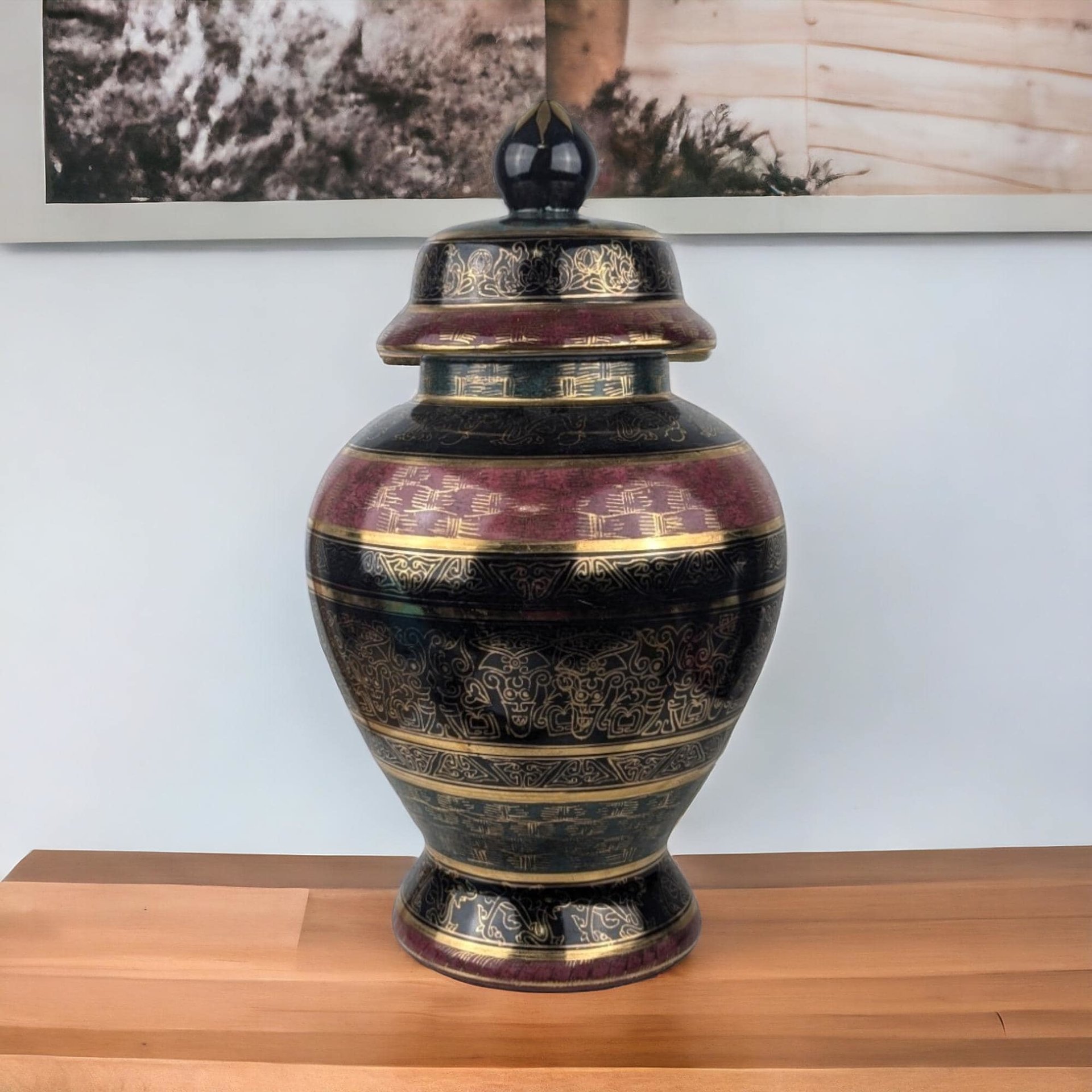 Vintage Andrea by Sadak Ginger Jar, Black and Red Porcelain Urn,  Gold Gilding, Decorative Jar with Lid,  Home Decor