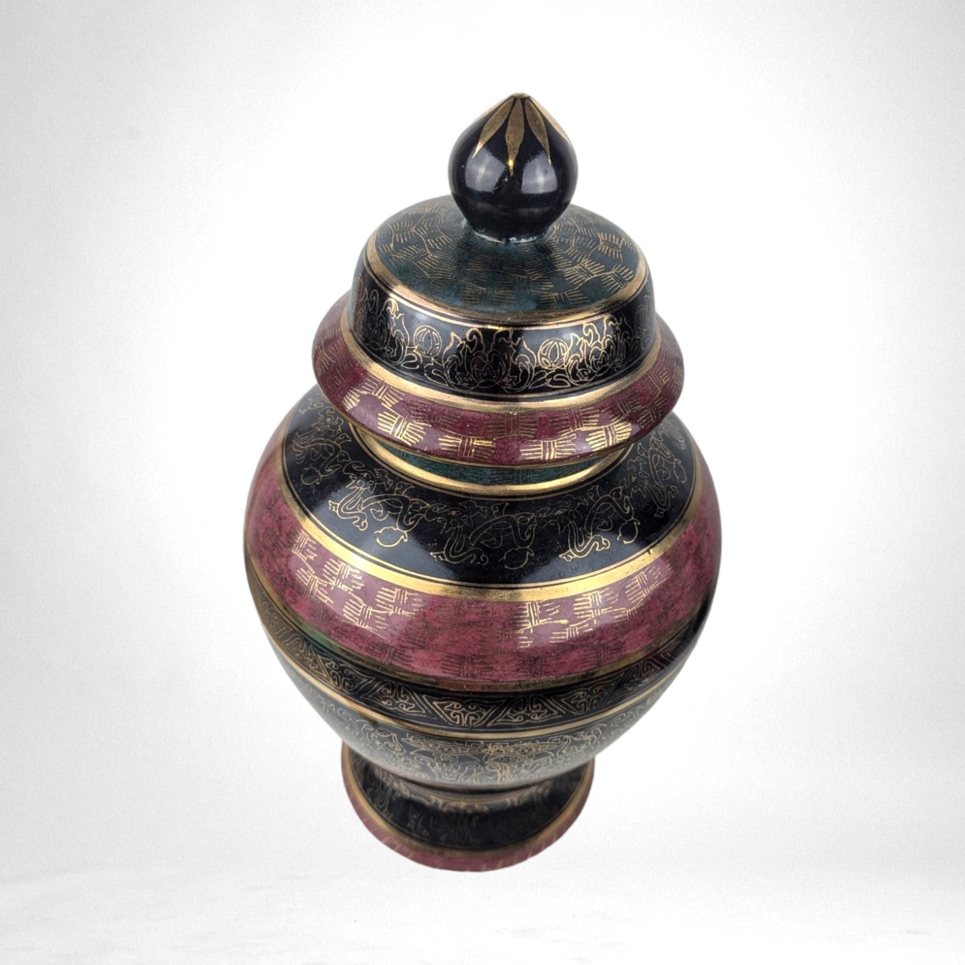 Vintage Andrea by Sadak Ginger Jar, Black and Red Porcelain Urn,  Gold Gilding, Decorative Jar with Lid,  Home Decor