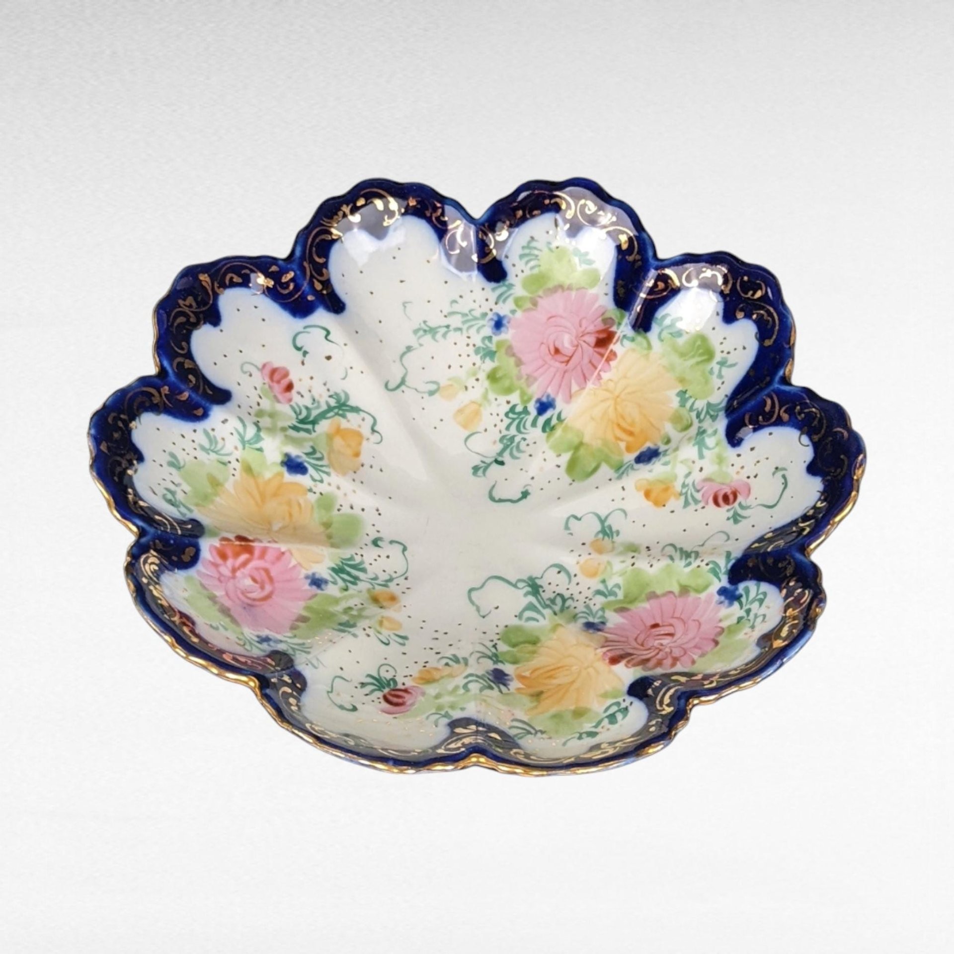 Vintage Hand-Painted Porcelain Bowl, Scalloped Floral Bowl, Cobalt Blue and Gold Trim, Decorative Bowl, Candy Dish